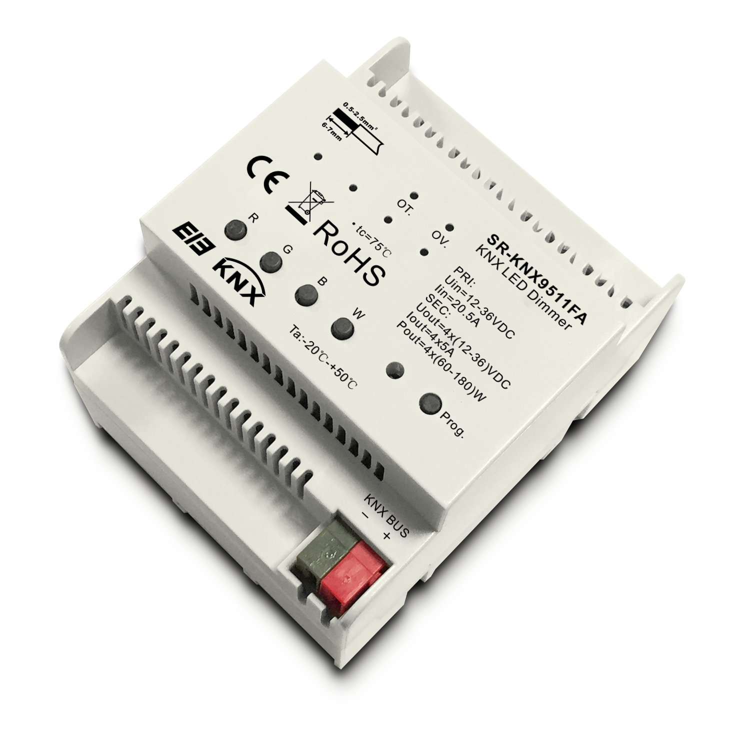 KNX LED-Dimmer SR-KNX 9511FA– 4-Kanal Konstantspannung (12–36 V, je 5 A) zur Hutschienenmontage für RGBW-Streifen