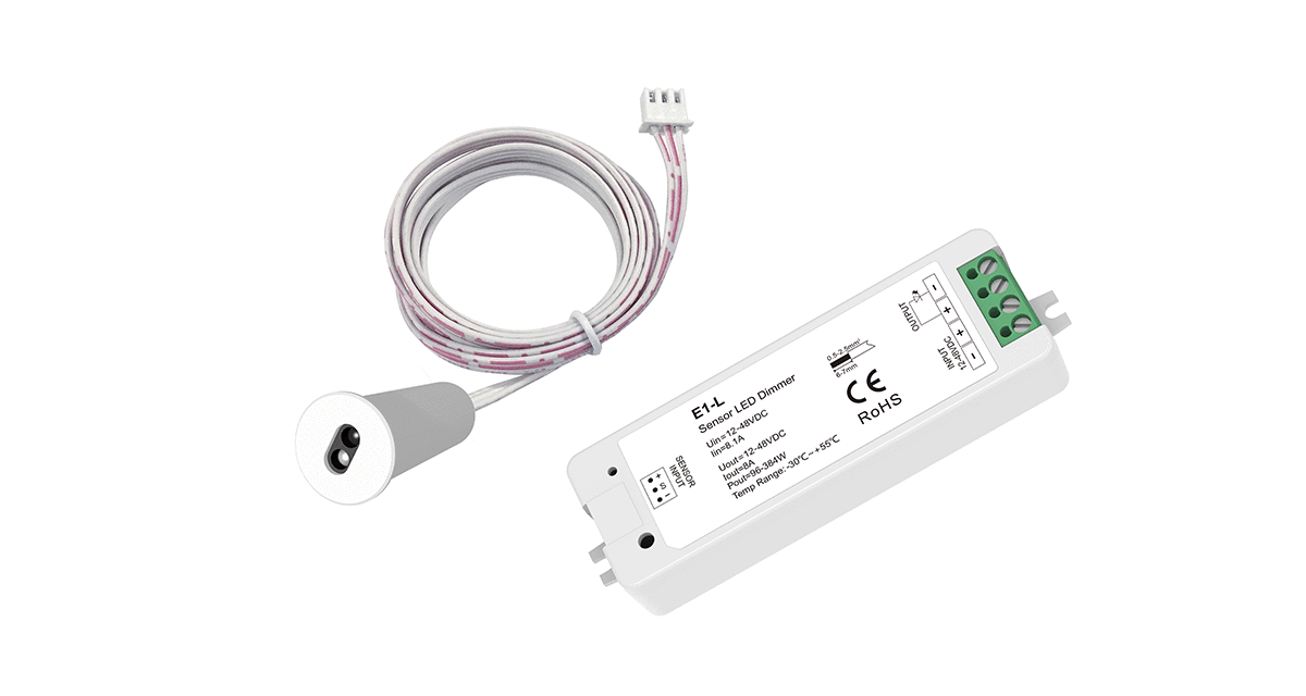 E1-L+EB Berührungsloser LED-Dimmer mit Handbewegungssensor – 12–48 V, 8A, für LED-Streifen & Möbelbeleuchtung
