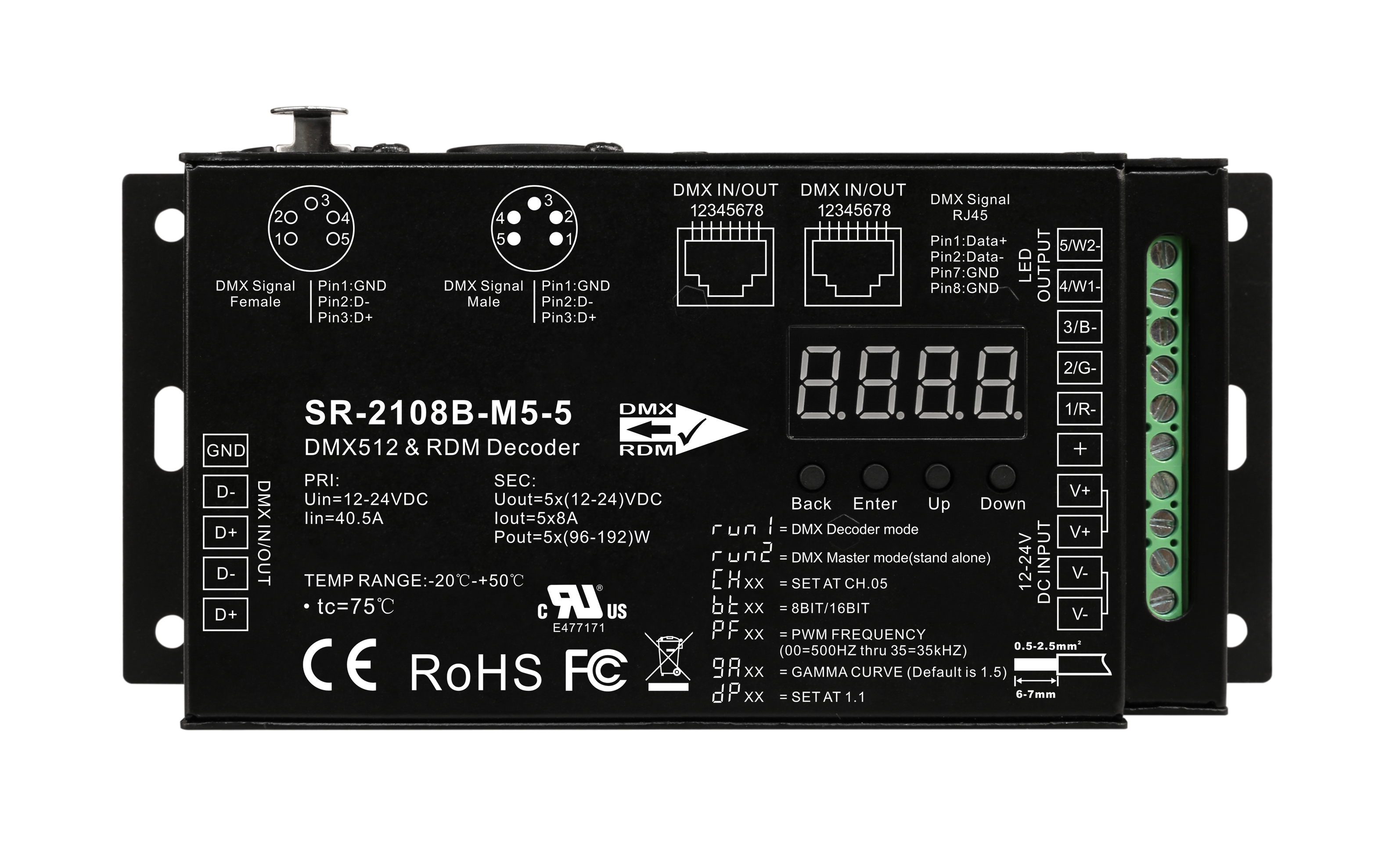 SR-2108B-M5-3 DMX512 & RDM LED Controller – 5-Kanal, 8A/Kanal, 12–24 V, 8/16 Bit, Master/Slave