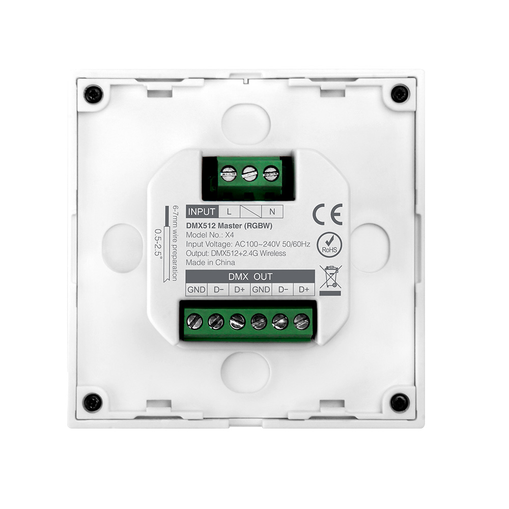 MiBoxer X4 DMX512 – Backside Wiring & Terminal Layout des RGBW Wandpanels Backside view of the MiBoxer X4 DMX512 RGBW LED Wall Panel – Anschlussklemmen für L, N, DMX IN/OUT, 230V wiring and installation terminal layout