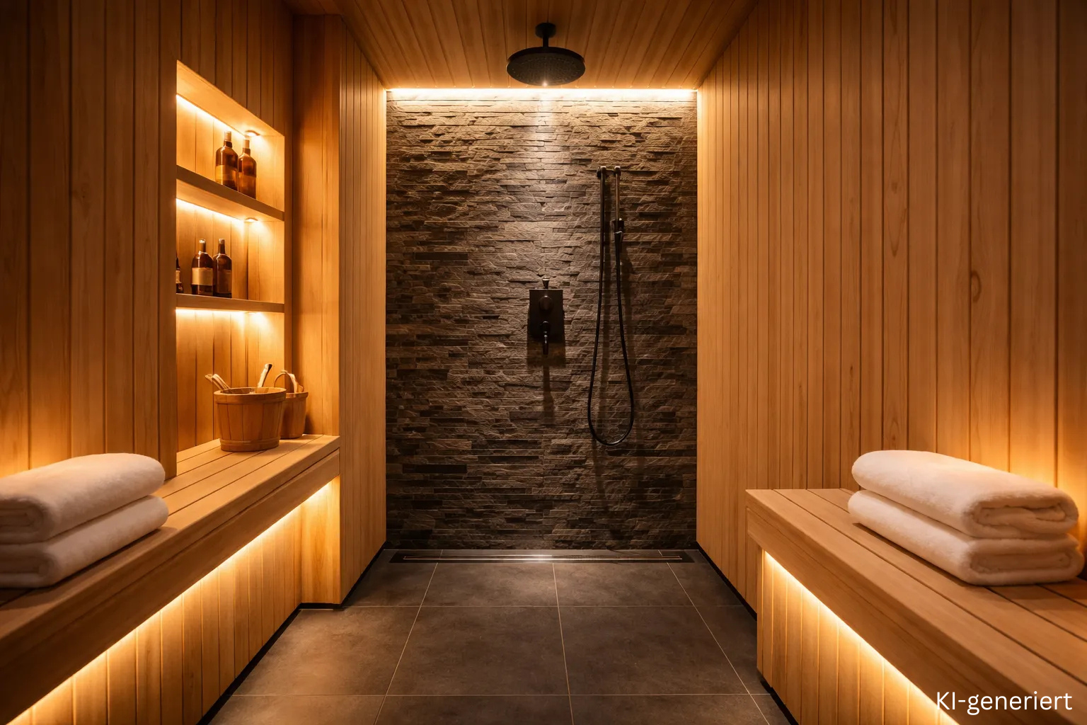 LED Streifen in der Sauna Dusche – indirekte Beleuchtung im Wellnessbereich