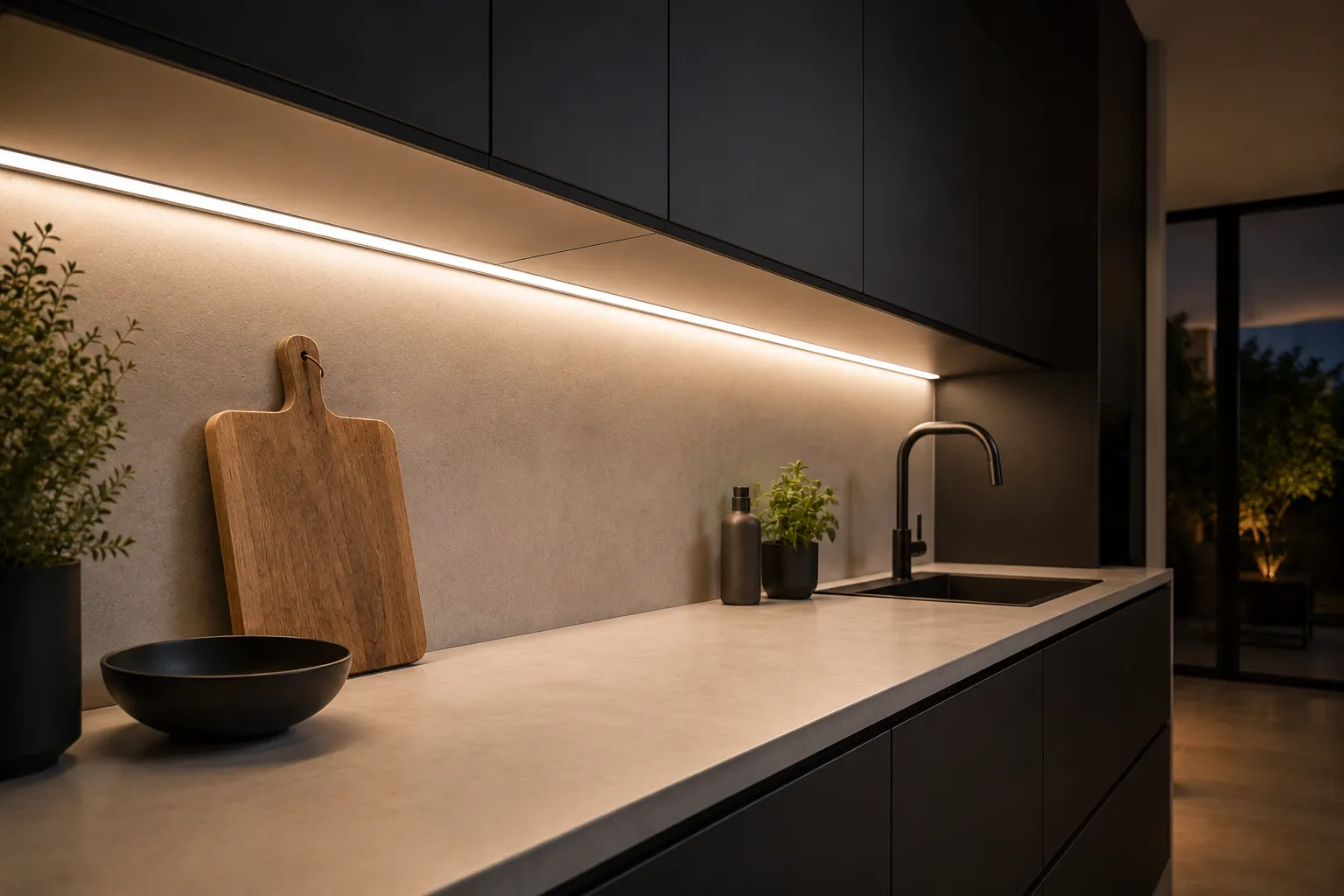 Warmweiße LED-Unterbaubeleuchtung in einem Aluminiumprofil unter modernen Küchenschränken mit gleichmäßiger Lichtverteilung.
