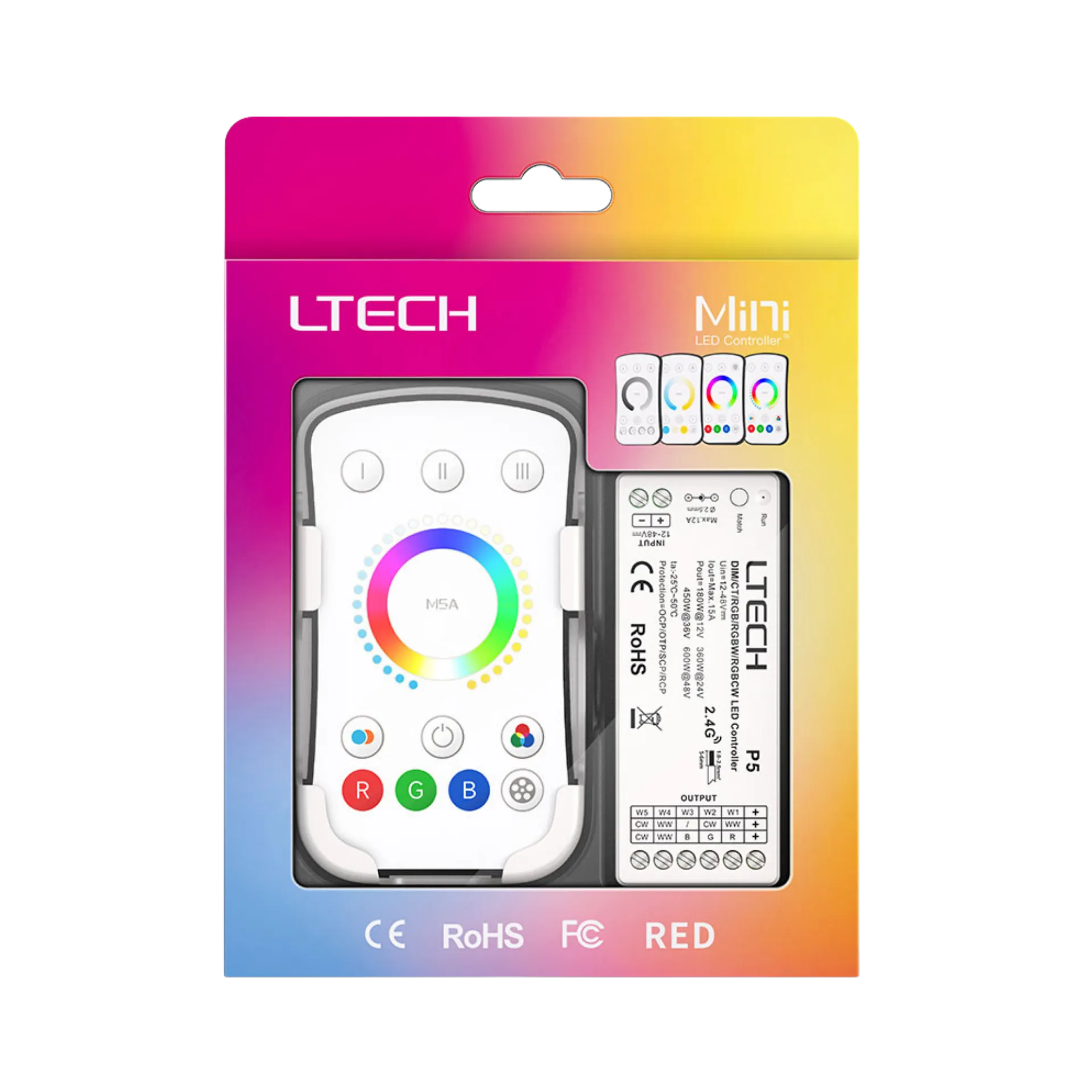 LTECH M5A+P5 LED Funk Set 2.4 GHz, Funk Fernbedienung & 5-Kanal Empfänger, 12-48V DC, für RGBCCT LED Streifen