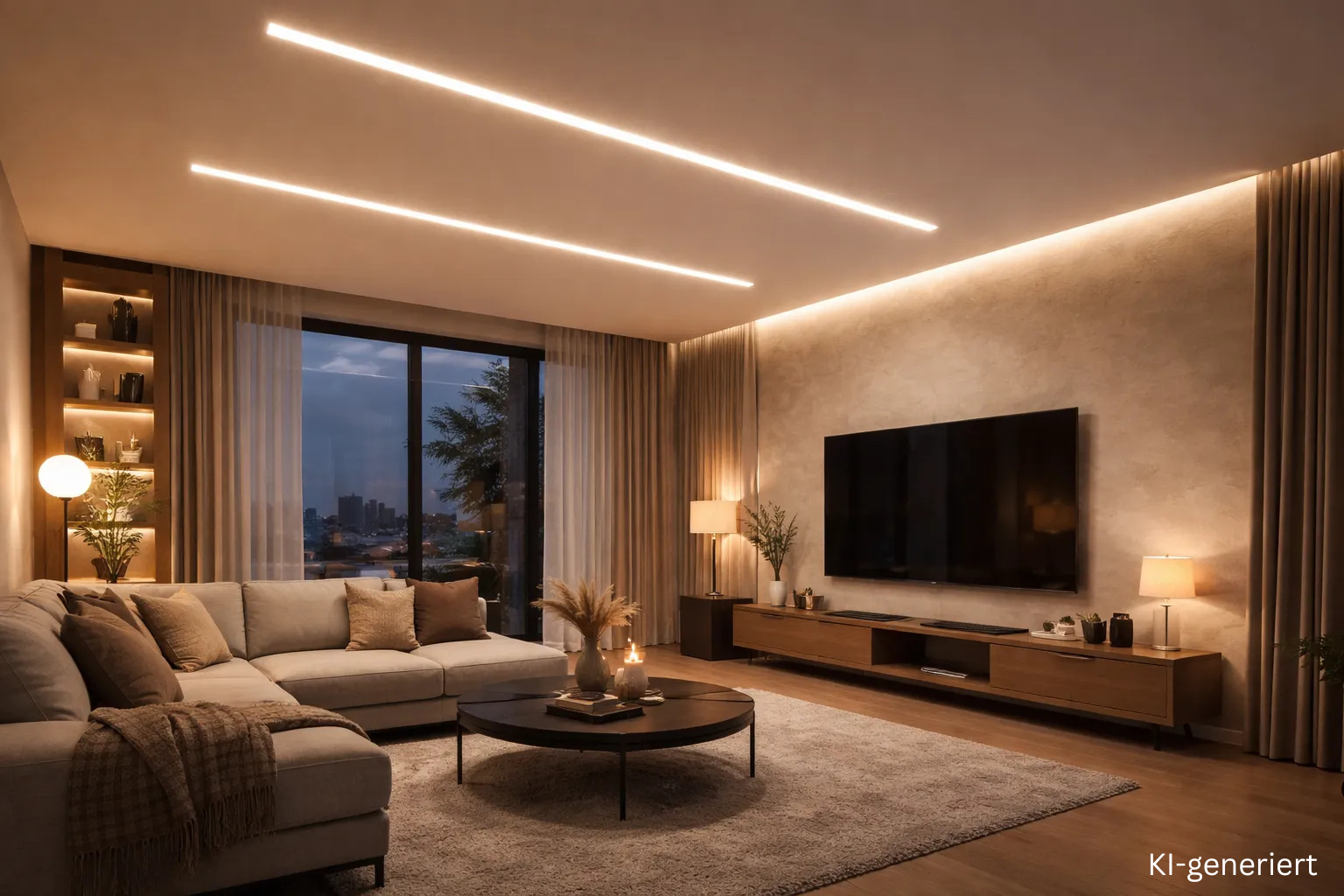 Indirekte Wohnzimmerbeleuchtung mit LED Streifen – Linienlicht an Decke und TV Wand Wohnzimmer mit LED Streifen indirekter Beleuchtung an Decke und TV Wand mit modernem Linienlicht und warmweißem Licht
