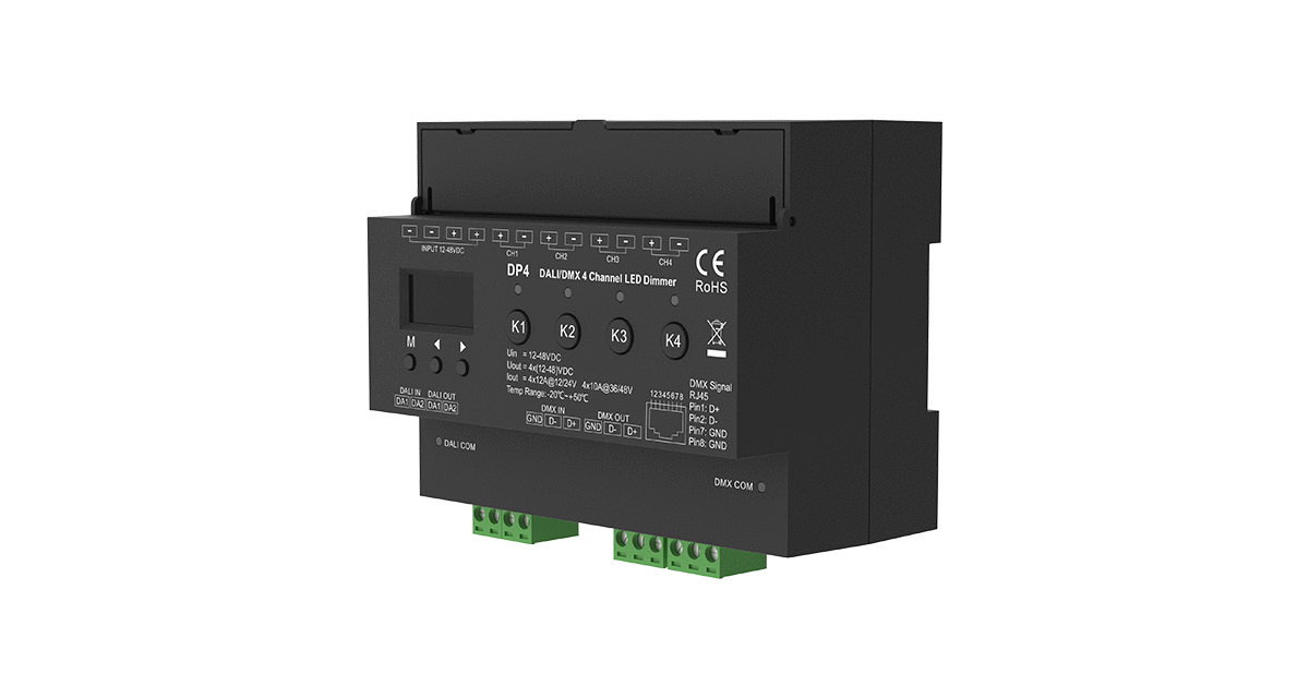 DALI DMX LED Dimmer DP4 4 Kanal Controller seitliche Perspektive mit Anschlüssen dali-dmx-led-dimmer-dp4-4-kanal-perspektive-seite