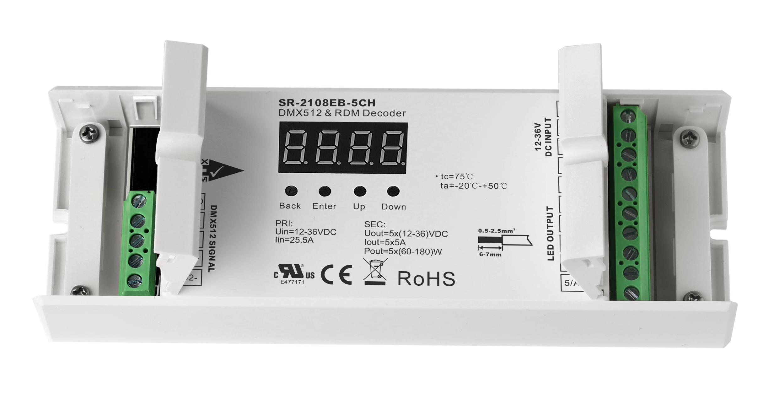 SR-2108EB-5CH DMX512 & RDM LED Decoder – 5-Kanal, 5A/Kanal, 12–36 V, 8/16 Bit