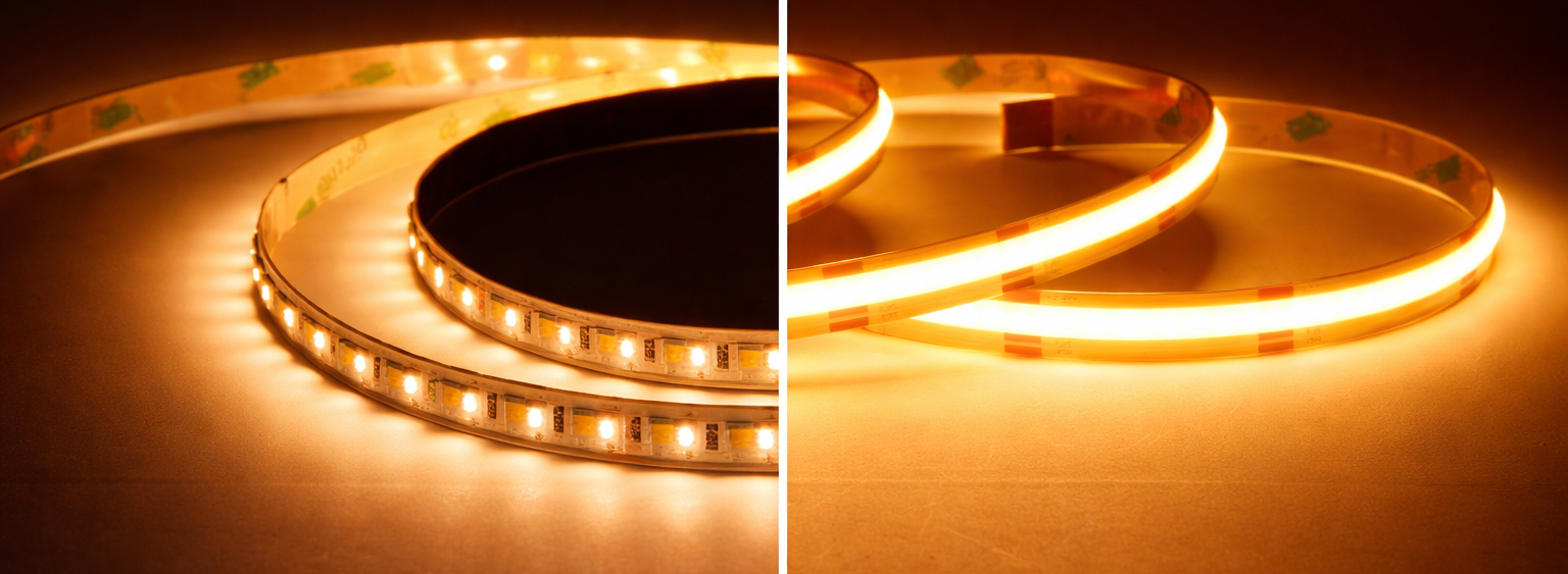SMD vs COB LED Streifen Vergleich Vorschau fuer Unterschiede und richtige Auswahl SMD vs COB LED Streifen Vorschau mit Vergleich von punktuellem und homogenem Lichtbild