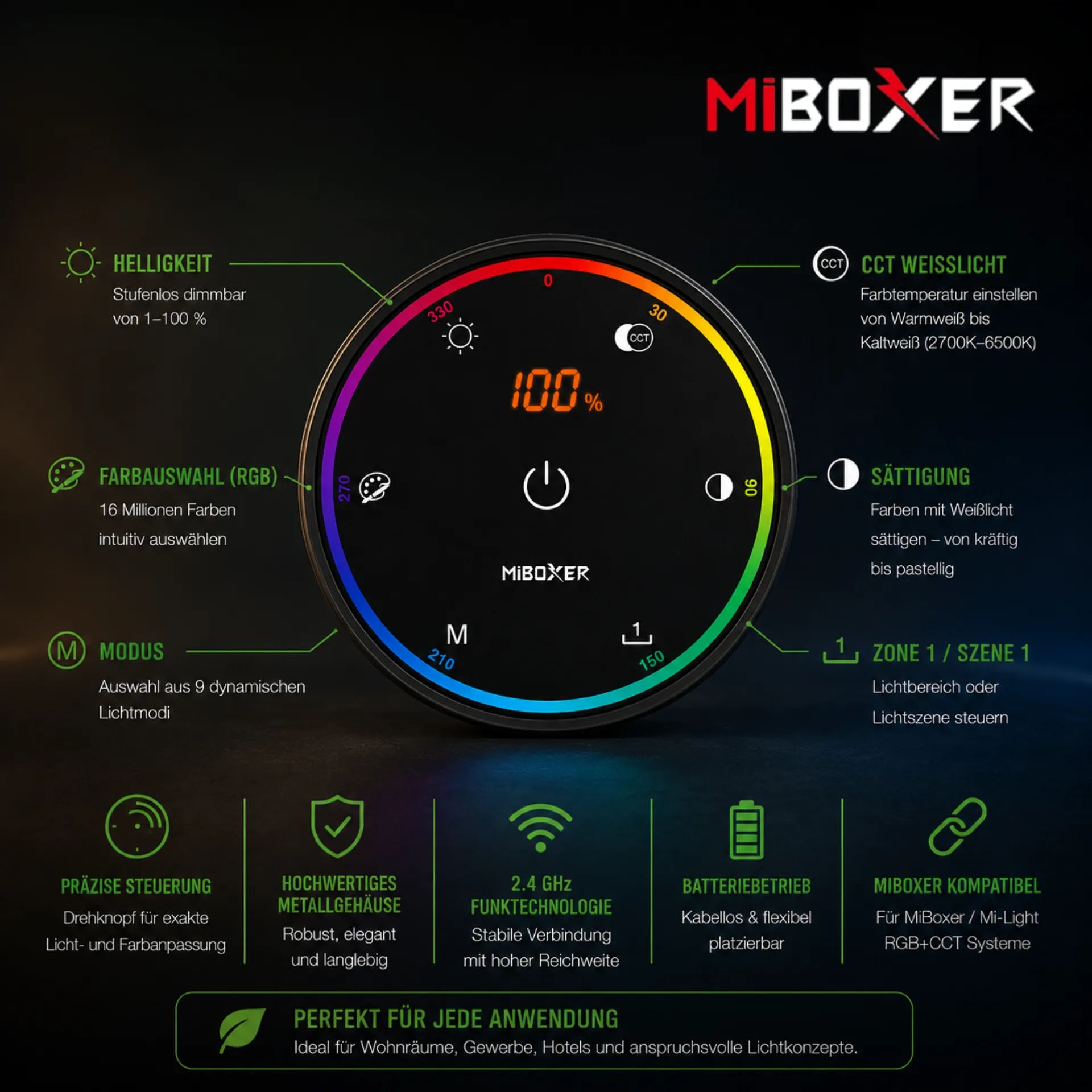 Miboxer K6 – RGB+CCT Drehregler-Fernbedienung, 2,4 GHz LED Steuerung, 9 Lichteffekte & Szenen-Speicher