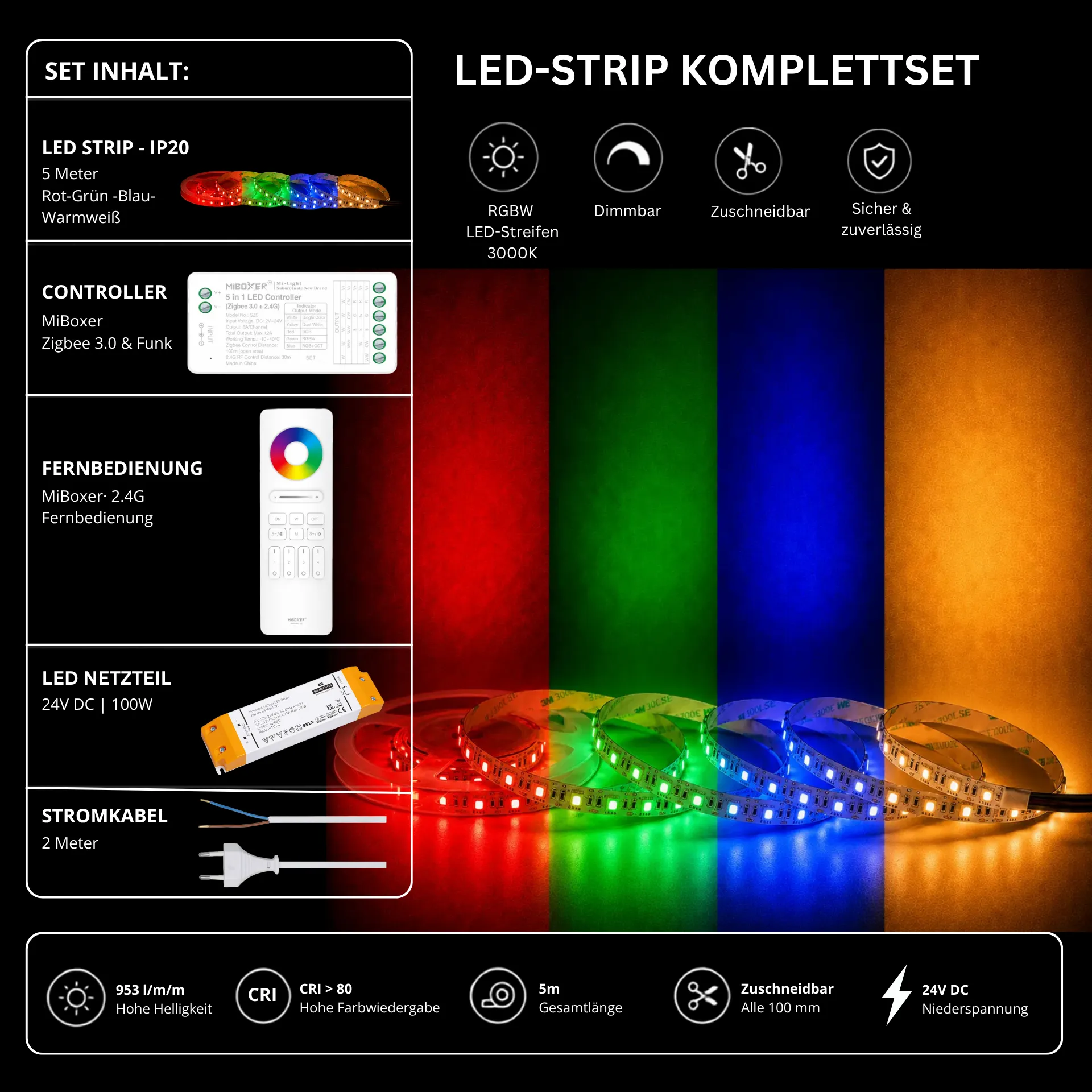 LED Streifen Set RGBW – SMD LED Streifen 24V, 60 LEDs/m, 4-in-1, 18 W/m, 953 lm/m, 5m, RGB + Warmweiß 3000K, CRI 80 – SS100 Netzteil, SZ5 Zigbee 3.0 Controller & C5 Fernbedienung Weiß