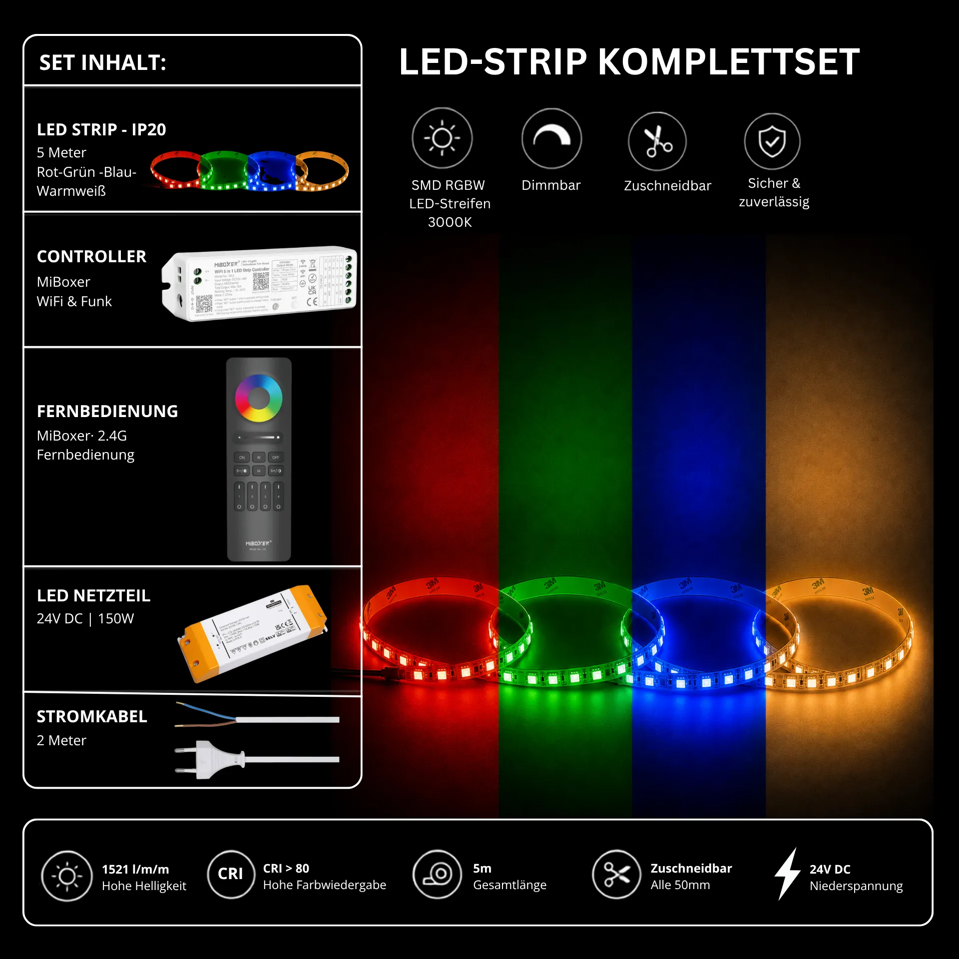 LED Streifen Set RGBW – SMD LED Streifen 24V, 4-in-1, 19,2 W/m, 5m, RGB + Warmweiß 3000K – SS150 Netzteil, WL5 WiFi Controller & C5 Fernbedienung Schwarz