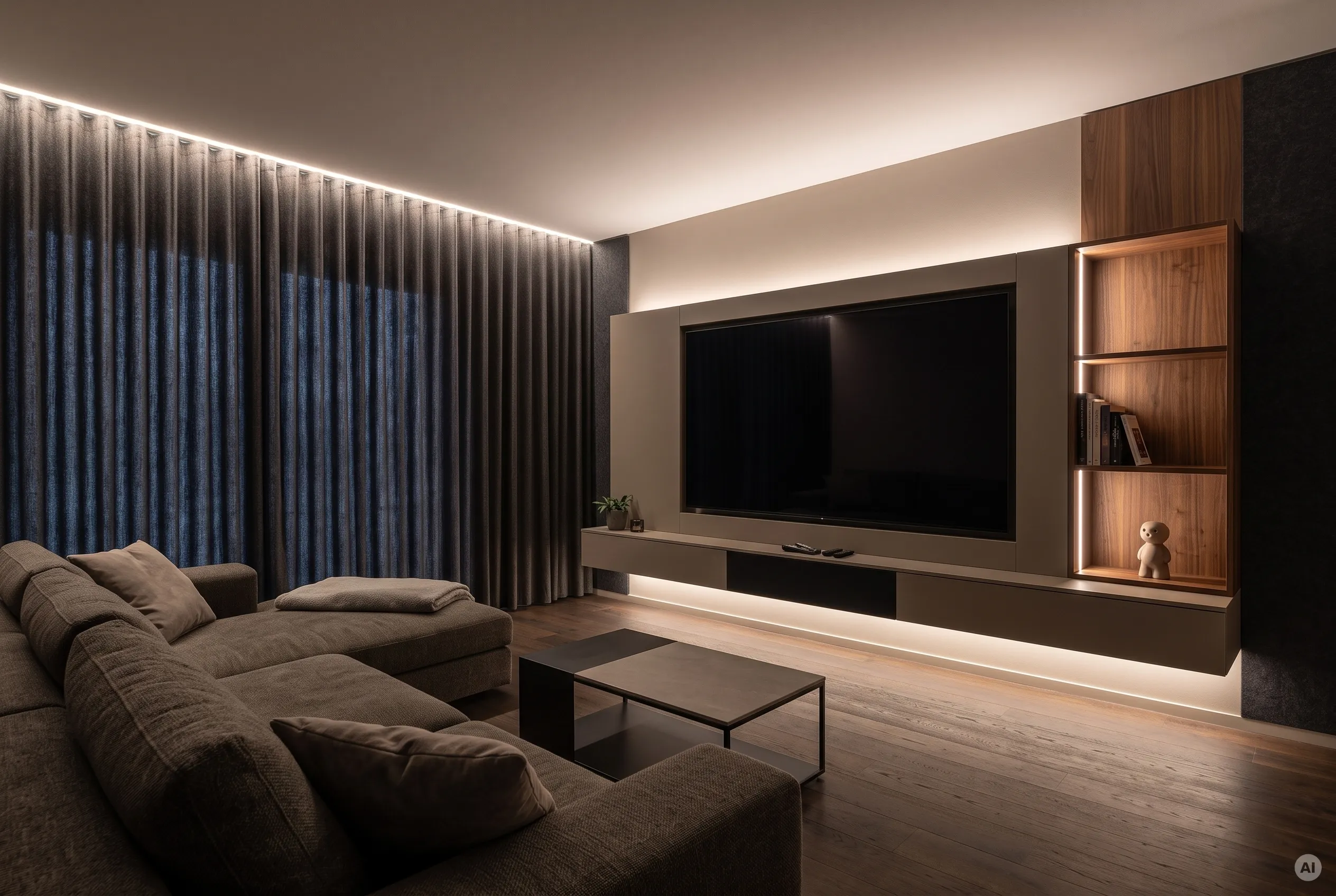 Modernes Medienzimmer mit großem TV an schwebender Holz-Medienwand, indirektem Sockellicht und sanft beleuchtetem dunklem Vorhang.
