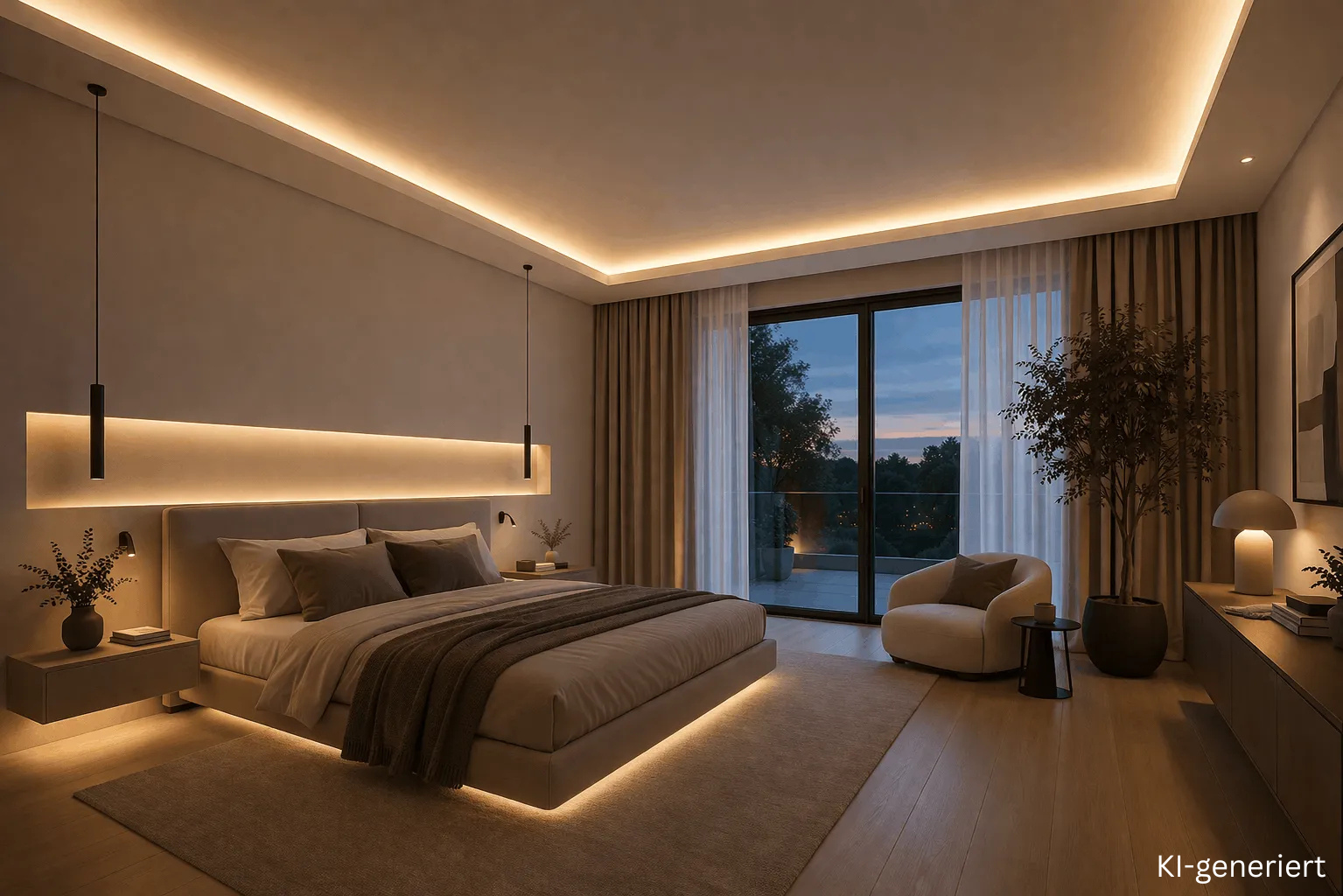 Deckenvoute mit warmweißem LED Streifen als indirekte Beleuchtung im Schlafzimmer