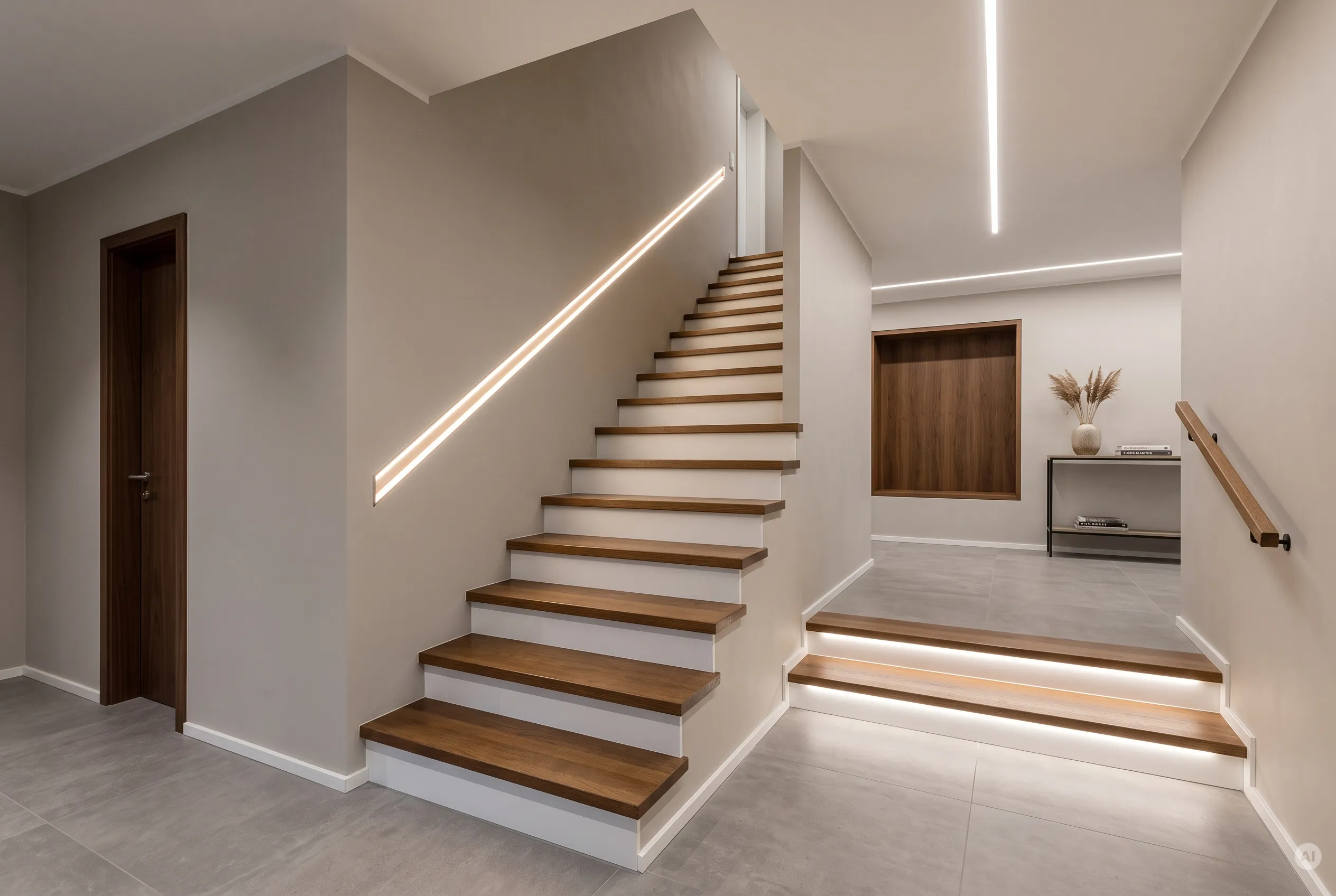 Architektonische Treppe mit integrierter LED-Beleuchtung Helle, moderne Treppe mit Eichenholzstufen und weißer Setzstufe in einem Flur mit grauen Wänden. Ein in die Wand integrierter LED-Handlauf beleuchtet den Aufgang. Im Hintergrund ist ein Flurbereich mit einer Konsole sichtbar.