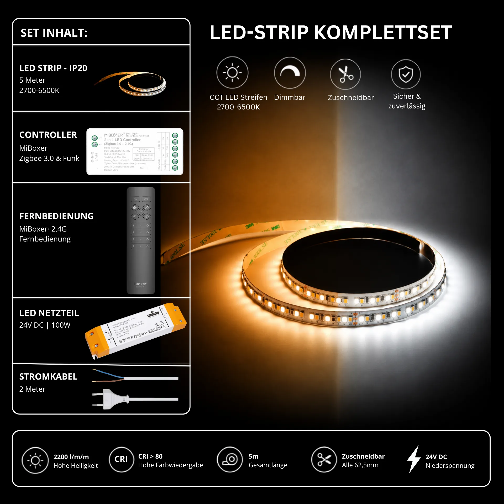 LED Streifen Set CCT IP20 – SMD LED Streifen 24V, 16 W/m, 2200 lm/m, 5m, 2700-6500K – SS100 Netzteil, SZ2 Zigbee 3.0 Controller & C1 Fernbedienung Schwarz