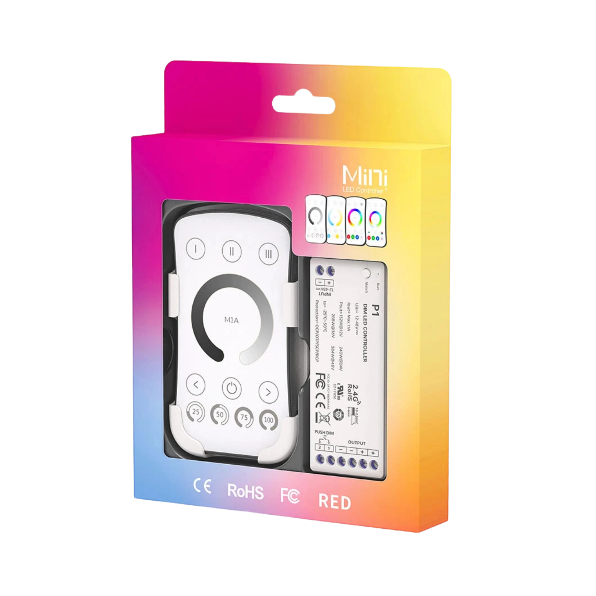 LTECH M1A+P1 LED Funk Set 2.4 GHz, Funk Fernbedienung & 1-Kanal Empfänger, 12-48V DC, für einfarbige LED Streifen