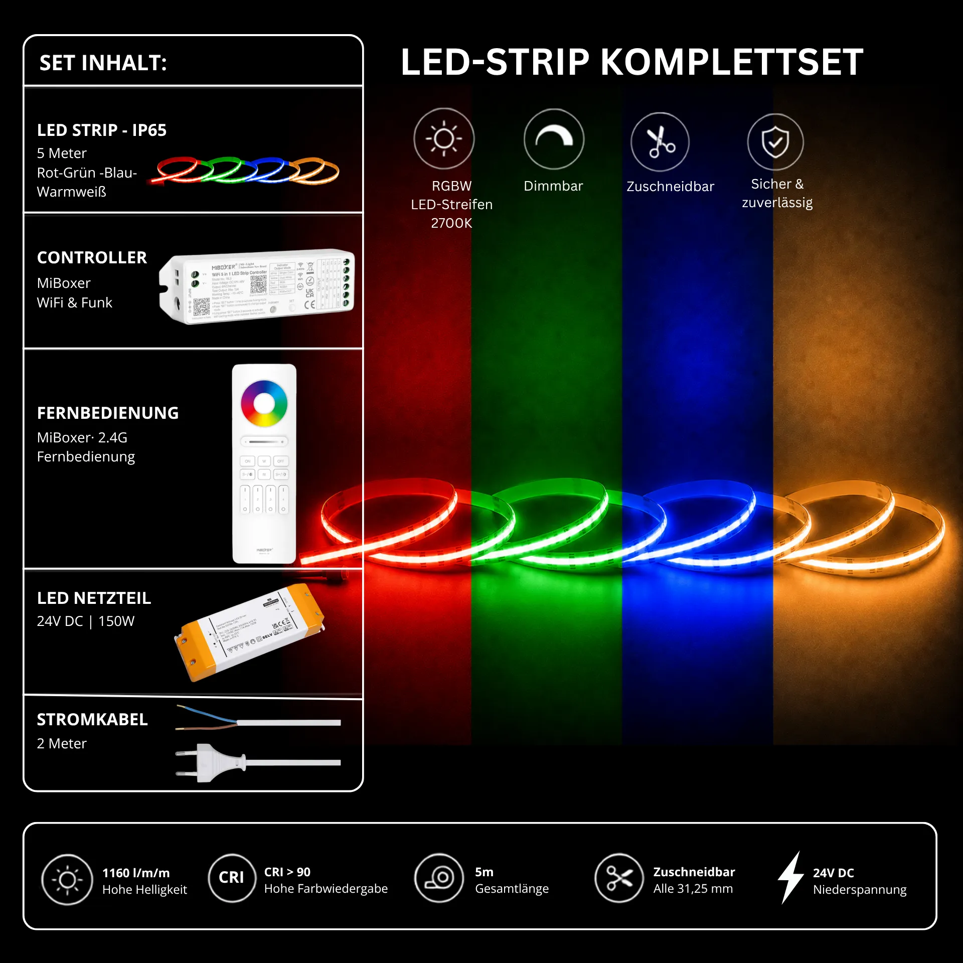 LED Streifen Set RGBW – COB LED Streifen 24V, punktfrei, 20 W/m, 5m, RGB + Warmweiß 2700K, CRI 90, IP65 – SS150 Netzteil, WL5 WiFi Controller & C5 Fernbedienung Weiß