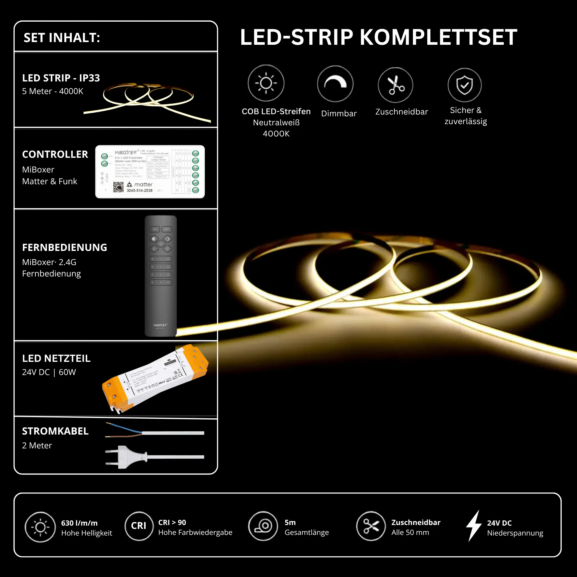 LED Streifen Set Einfarbig COB Schmal – 5 mm COB LED Streifen 24V, punktfrei, 7 W/m, 5m, Neutralweiß 4000K, CRI 90 – SS60 Netzteil, SM2 Matter Controller & C1 Fernbedienung Schwarz
