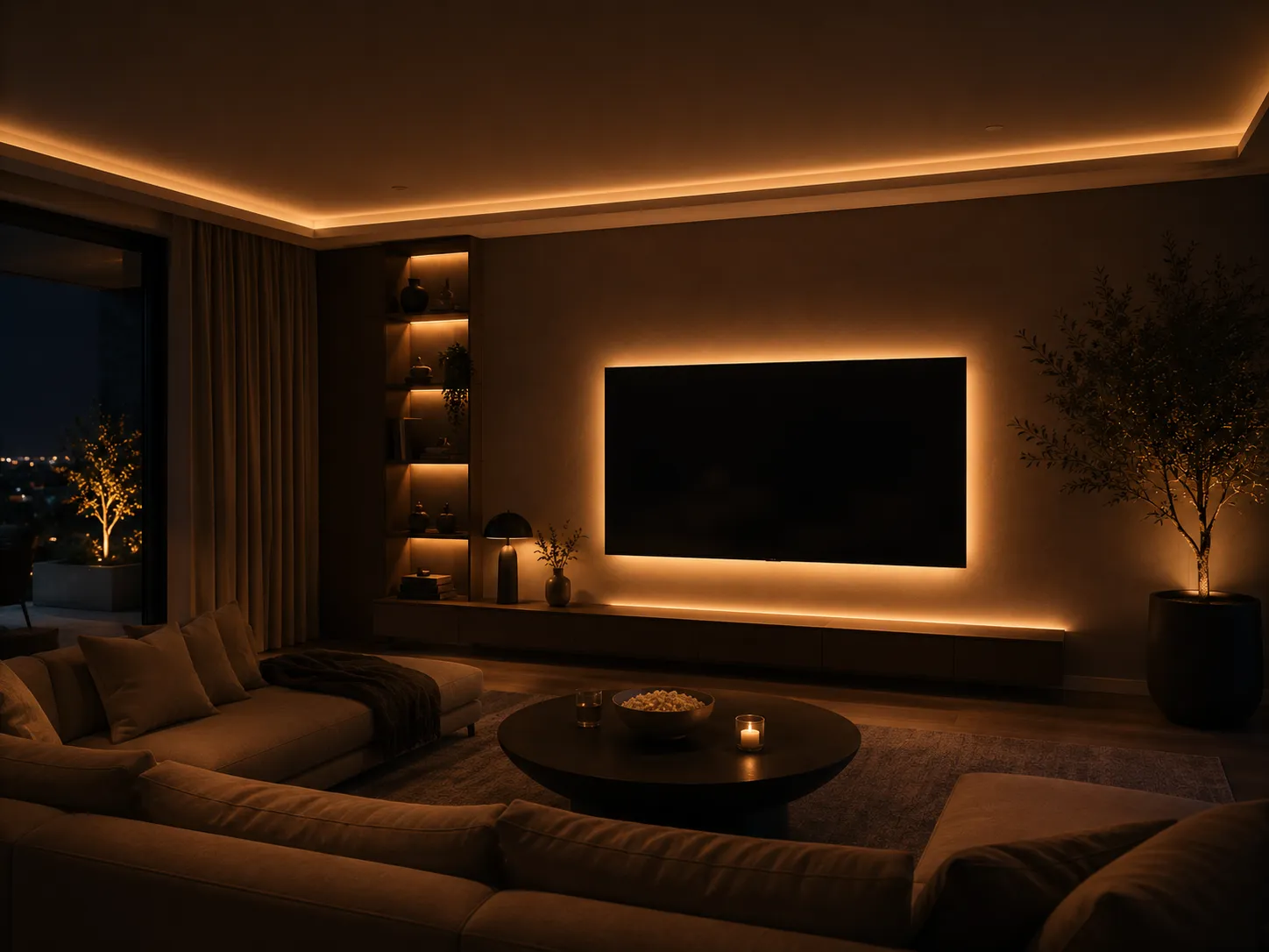 LED Streifen dimmen – TV Hintergrundbeleuchtung Gedimmte TV Hintergrundbeleuchtung mit LED Streifen – warmes indirektes Licht im Wohnzimmer