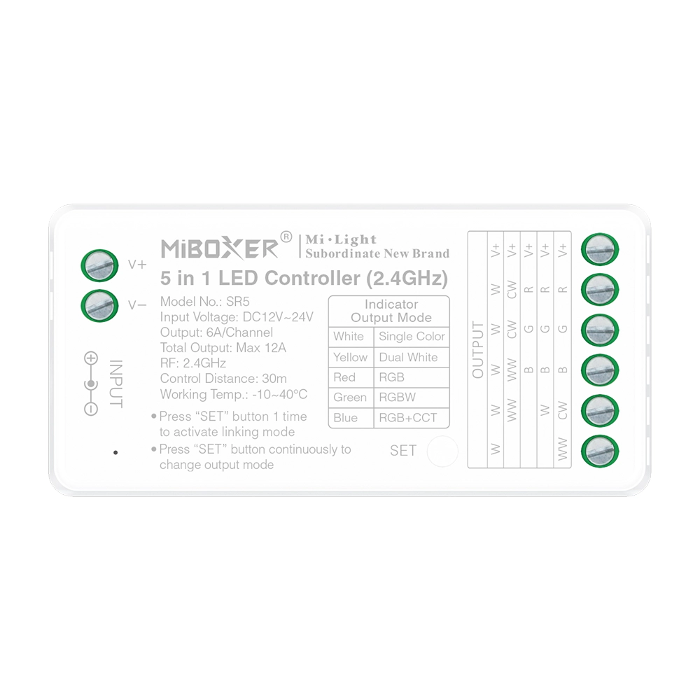 MiBoxer SR5 5-in-1 LED-Controller (2.4 GHz) – Einfarbig, CCT, RGB, RGBW, RGB+CCT, 12–24 V, 12 A