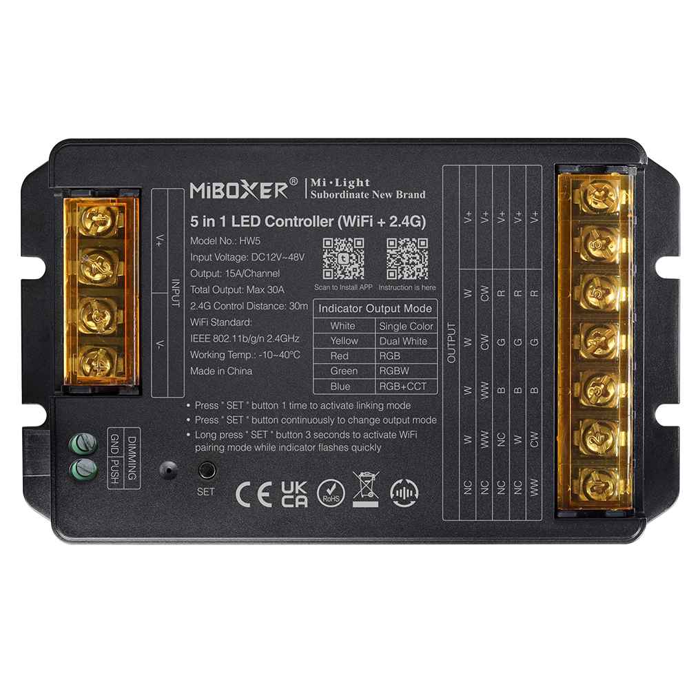 MiBoxer HW5 5-in-1 LED Controller – RGB, RGBW, RGB+CCT, CCT und einfarbig, 12–48V DC, 30A, integriertes WiFi und 2,4 GHz Funk, Push-Eingang, Schraubklemmen, Frontansicht