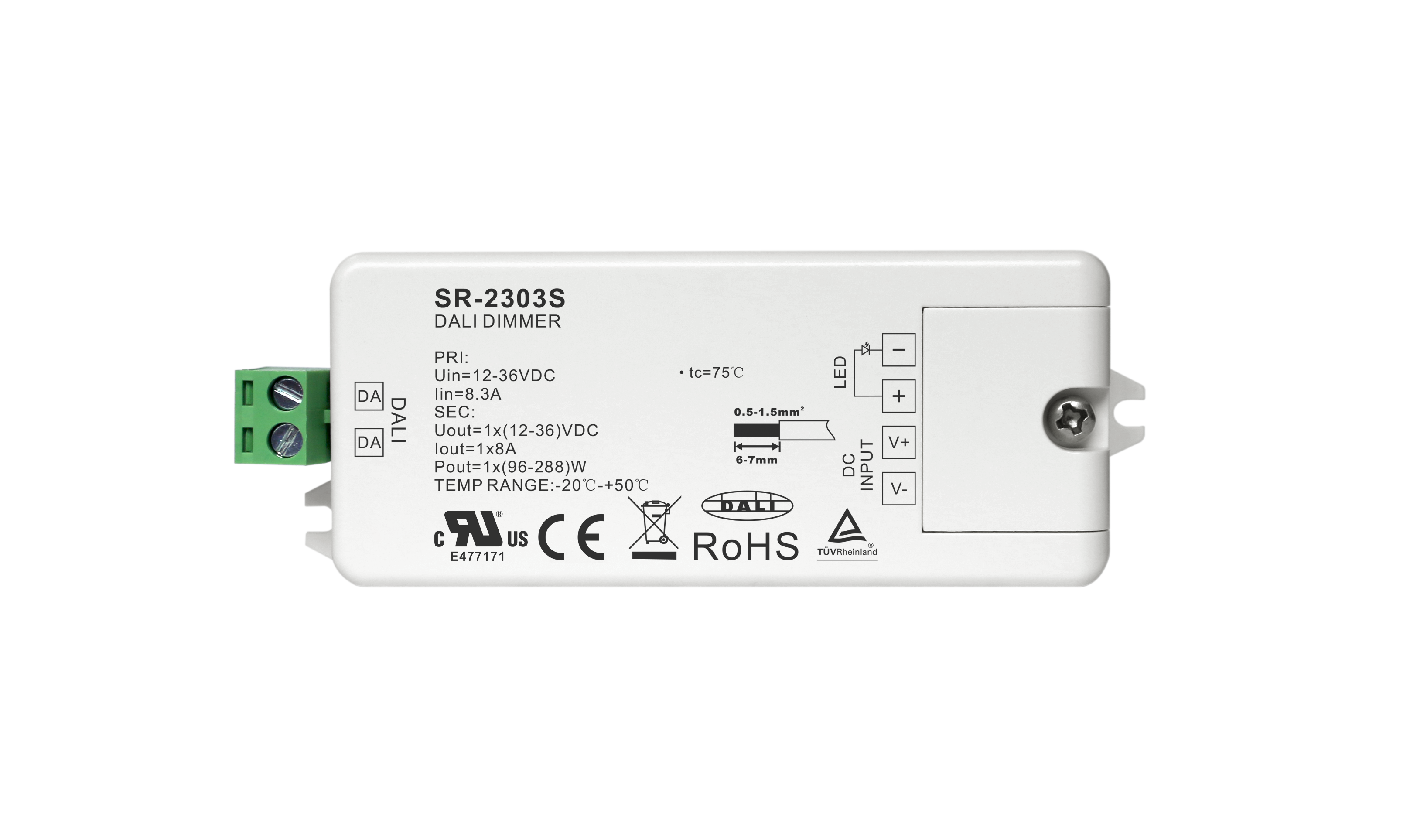 SR-2303S 2-in-1 LED-Dimmer 1-Kanal –  1-Kanal (12–48 V, 8 A) für Konstantspannung, DALI & Taster-Dimmung
