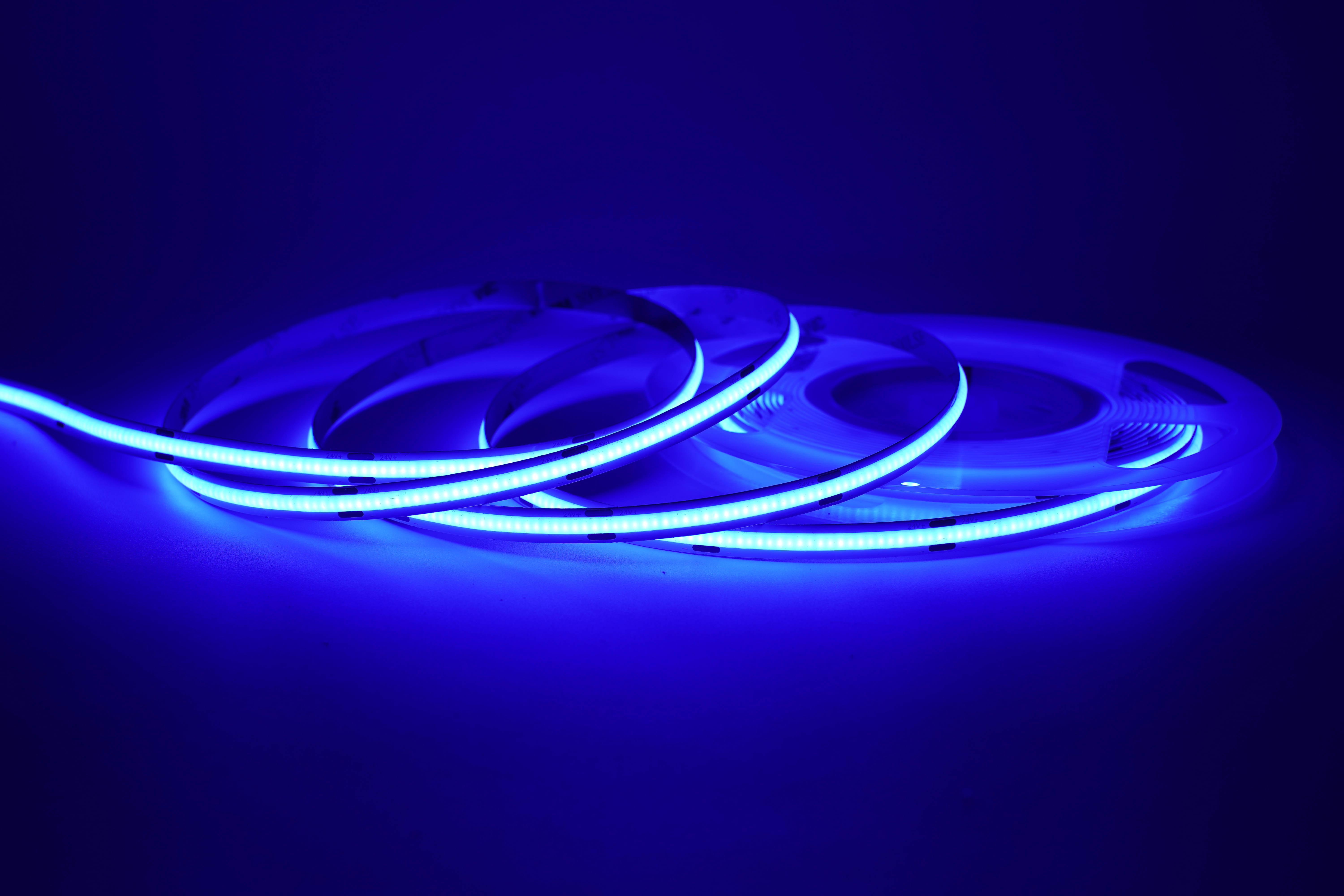 COB LED Streifen 24V einfarbig blau mit 480 LEDs pro Meter und homogenem, punktfreiem Licht