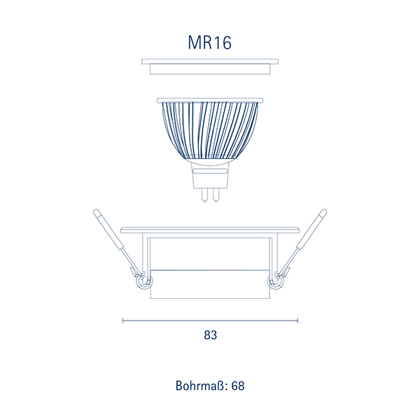 SIGOR Einbaurahmen LED Spot 83mm schwenkbar – Bohrmaß 68mm, GU10/MR16, Maßzeichnung | SK-LED SIGOR Einbaurahmen für LED Spots rund, schwenkbar – Außendurchmesser 83 mm, Bohrmaß 68 mm, kompatibel mit GU10 und MR16 Leuchtmitteln, technische Maßzeichnung