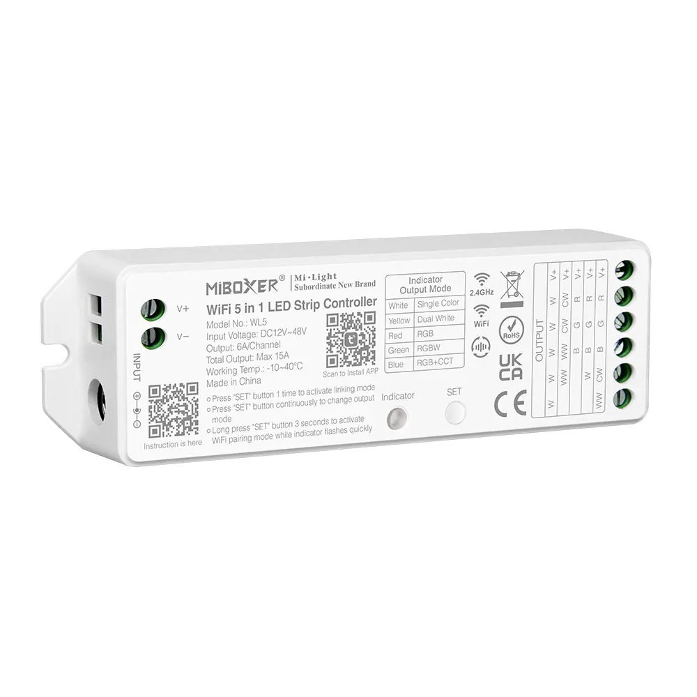 MiBoxer WL5 5-in-1 LED Controller IP20 – WLAN & 2.4 GHz WiFi Steuerung für RGB, CCT, RGBW und RGB+CCT LED-Streifen, 12–48 V, Tuya-kompatibel, kompakter LED-Dimmer von SK-LED