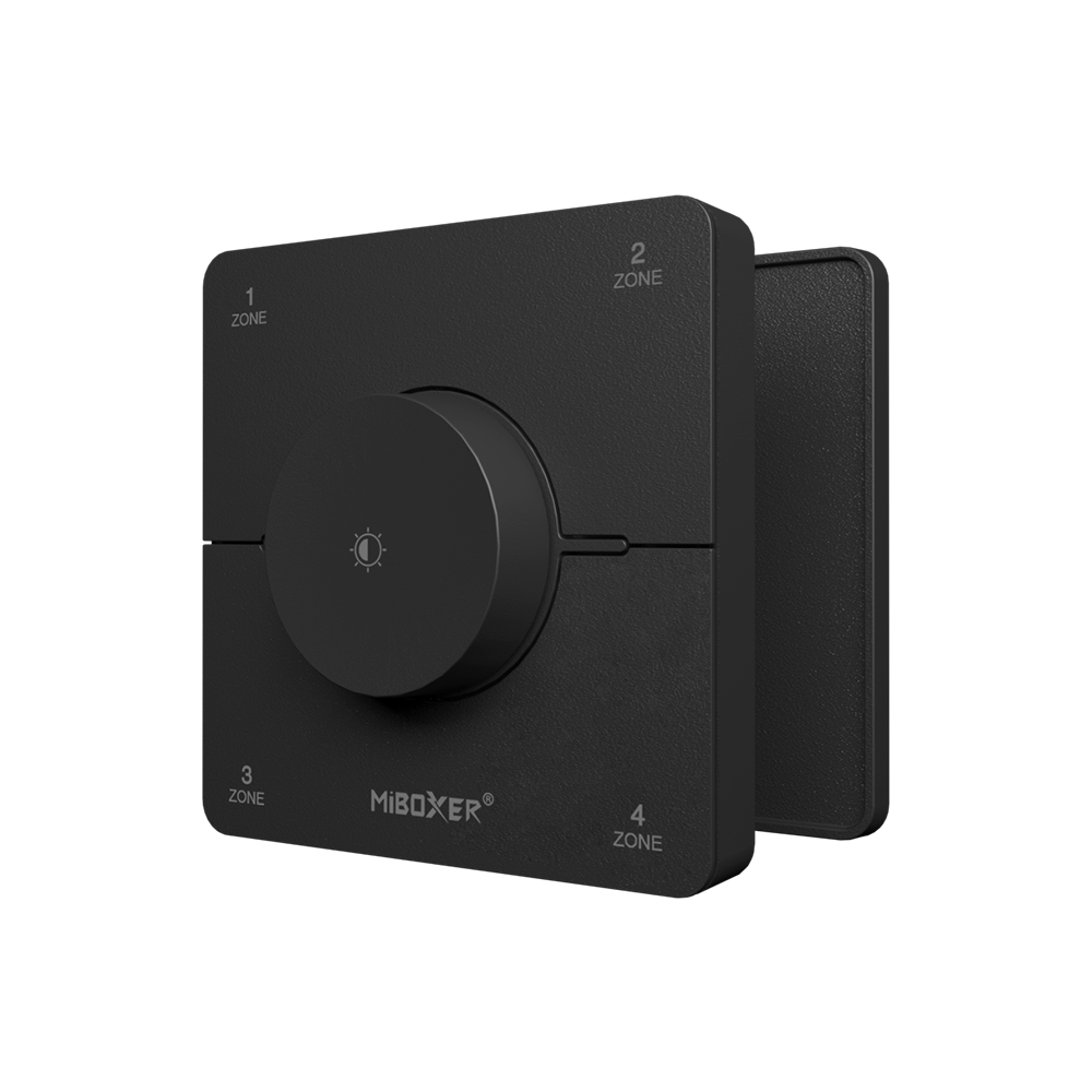 MiBoxer K0S CCT LED Wandfernbedienung Schwarz 2.4GHz Drehregler mit Rückseite und Halterung MiBoxer K0S CCT LED Wandfernbedienung in Schwarz mit Drehregler und sichtbarer Rückseite zur Montage und magnetischen Halterung für LED Streifen Steuerung