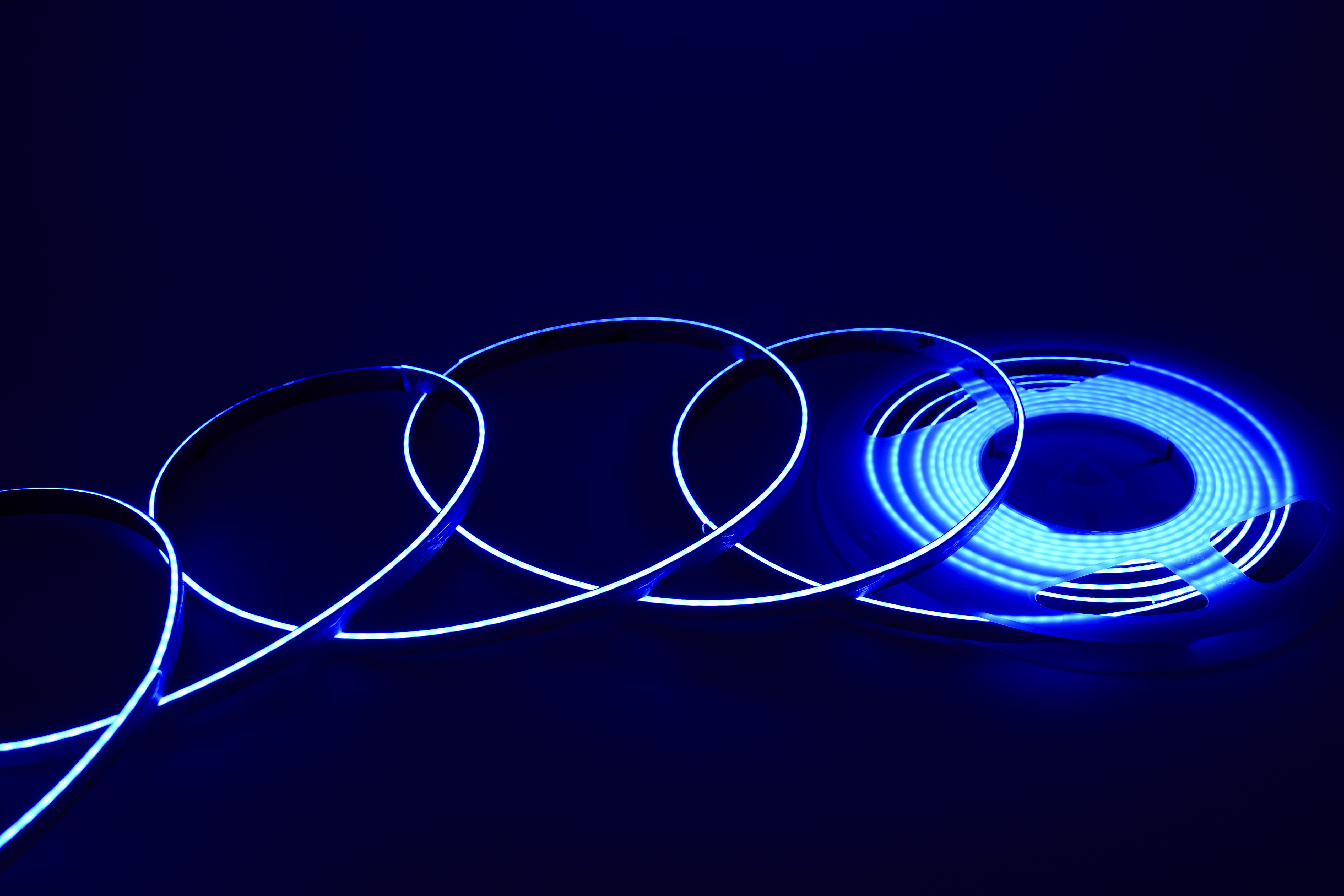 Side View COB RGB LED Streifen 8 mm leuchtet blau – seitliche Abstrahlung im Detail