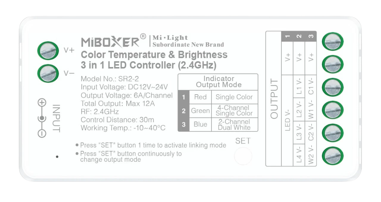 MiBoxer SR2-2 3-in-1 LED Controller 2.4 GHz, 4 Zonen, einfarbig und CCT, 12-24V DC, max. 12A