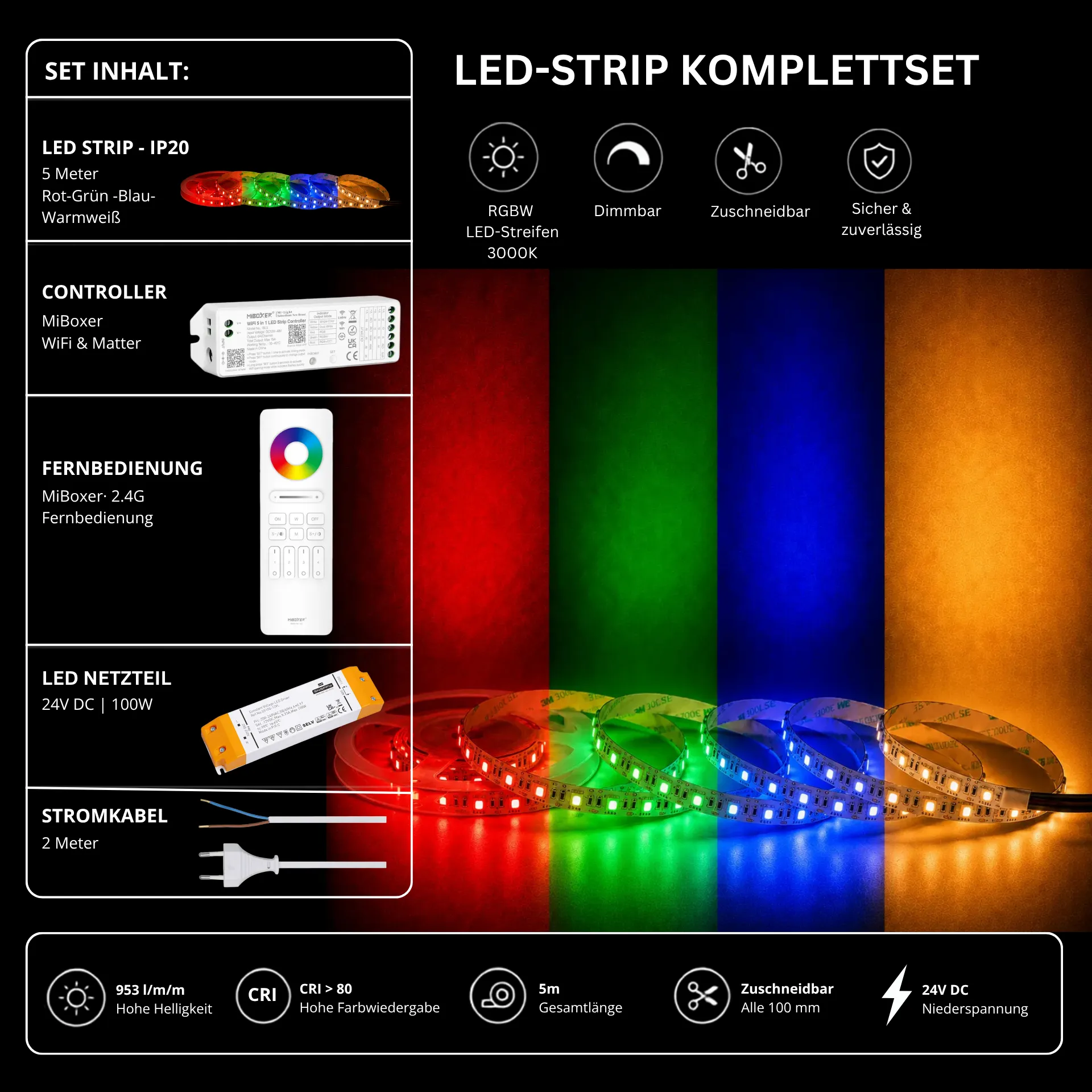 LED Streifen Set RGBW – SMD LED Streifen 24V, 60 LEDs/m, 4-in-1, 18 W/m, 953 lm/m, 5m, RGB + Warmweiß 3000K, CRI 80 – SS100 Netzteil, WL5 WiFi Controller & C5 Fernbedienung Weiß