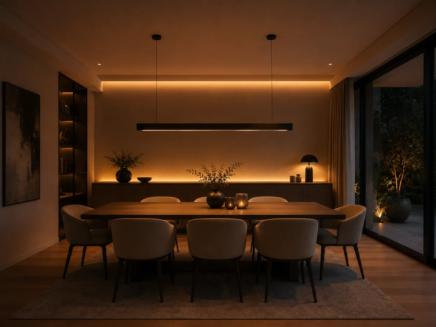 LED Streifen dimmen – warmweißes Licht im Esszimmer Gedimmter LED Streifen im Esszimmer – warmweißes indirektes Licht ohne Flackern