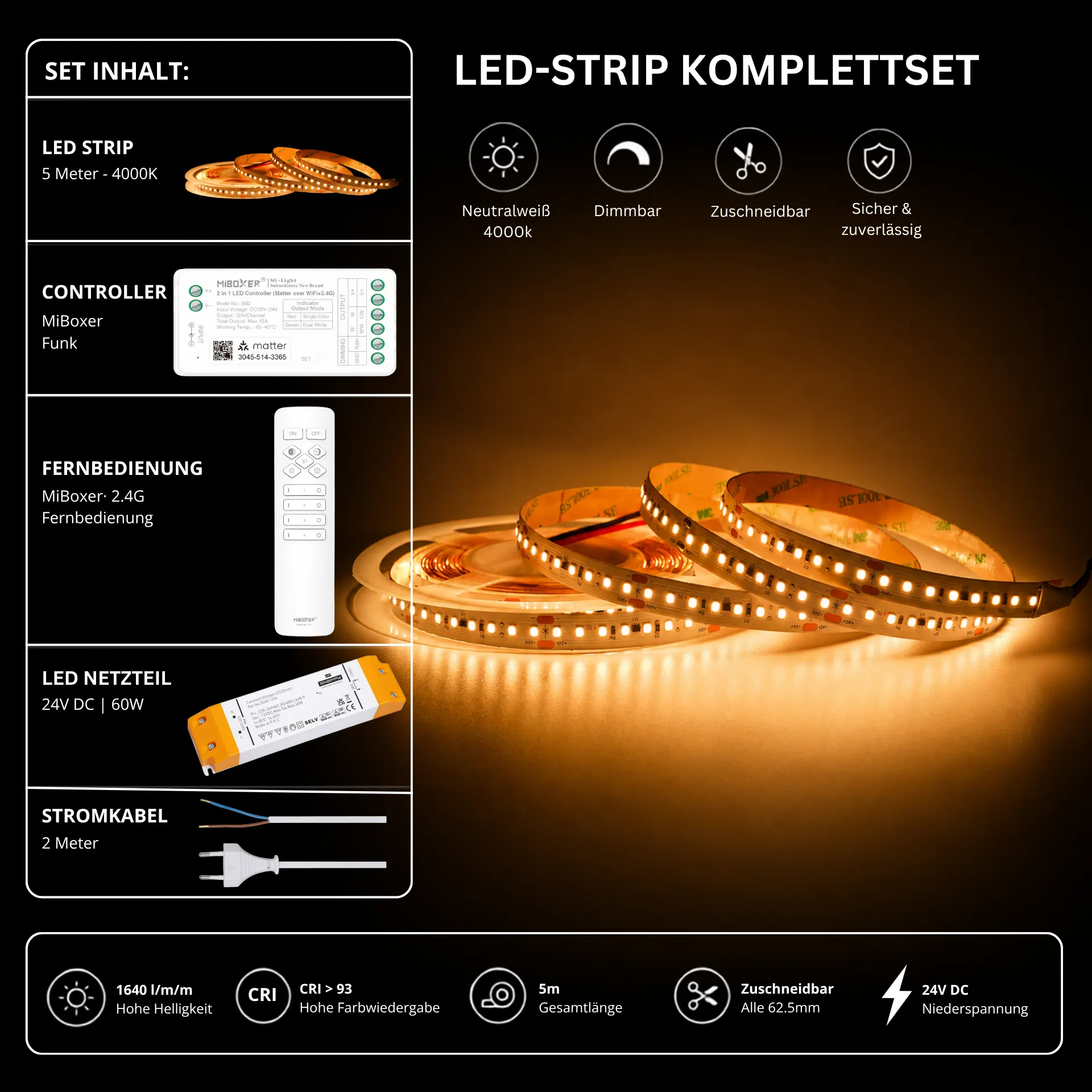LED Streifen Set Neutralweiß 4000K – SMD LED Streifen 24V, 9 W/m, 1640 lm/m, 5m – SS60 Netzteil, SR2 Funk-Controller & C1 Fernbedienung Weiß