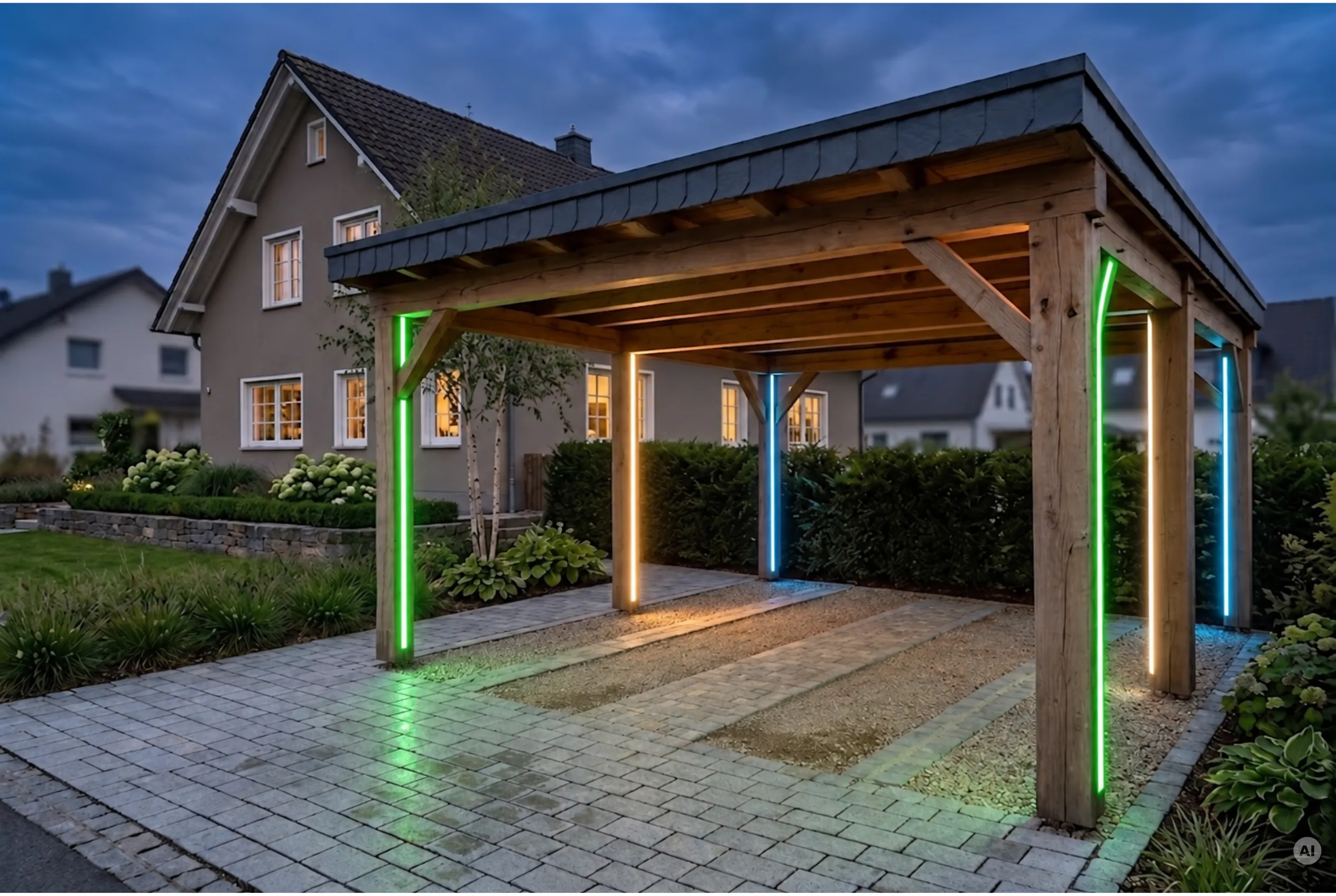 Freistehender Carport aus Holz mit bunt leuchtenden LED-Lichtleisten an den Pfosten und Pflasterauffahrt vor einem Einfamilienhaus bei Dämmerung.