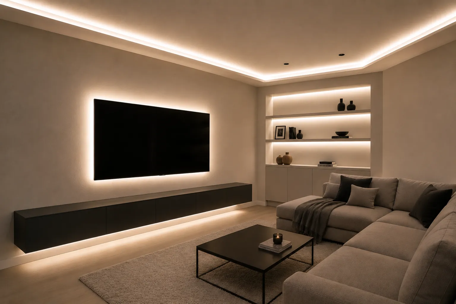 Modernes Wohnzimmer mit indirekter LED-Beleuchtung in Neutralweiß 4000K Modernes Wohnzimmer mit indirekter LED-Beleuchtung durch neutralweiße 4000K LED-Streifen. Elegante Lichtlinien an abgehängter Decke, TV-Wand, schwebendem Lowboard und beleuchtetem Wandregal