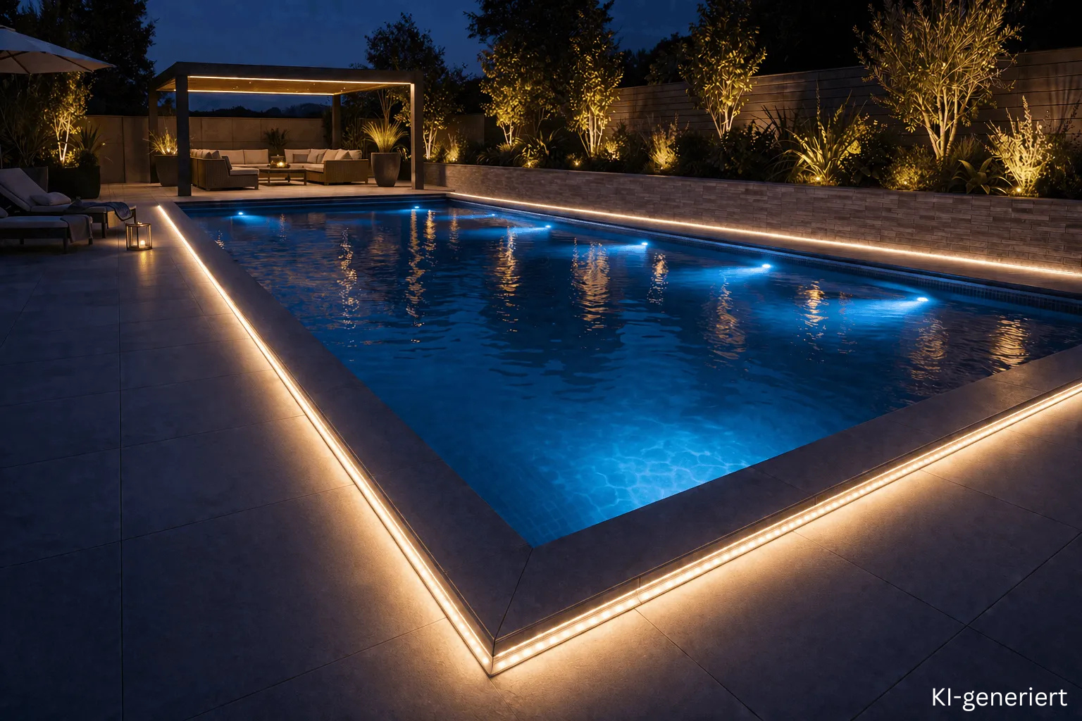 Gartenpool mit indirekter LED Beleuchtung durch LED Streifen an moderner Terrasse