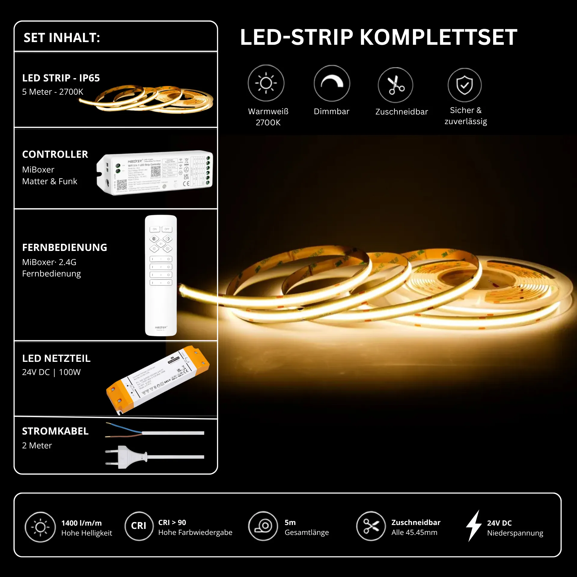 LED Streifen Set Warmweiß – COB LED Streifen 24V, punktfrei, 14 W/m, 5m, 2700K, CRI 90, IP65 – SS100 Netzteil, WL5 WiFi Controller & C1 Fernbedienung Weiß