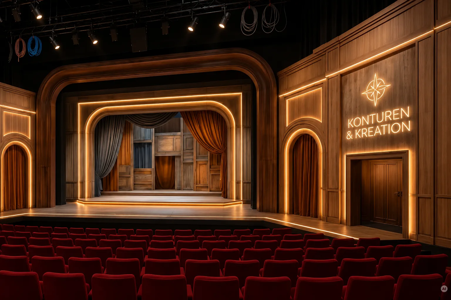 Beleuchteter Theatersaal mit LED-Konturen an Holzbögen und Wänden. Die moderne Neon-Installation zeigt den Schriftzug „KONTUREN & KREATION“.