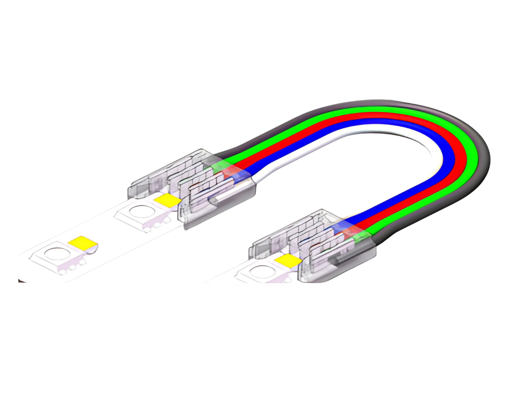 5-poliger LED Strip-zu-Strip Connector / Verbinder für 10 mm RGBW SMD LED-Streifen – lötfrei (solderless) mit 15 cm Kabel – zeigt Verbindung zwischen zwei LED-Stripes – ideal für saubere RGBW-Installationen und erweiterte Beleuchtung – SK-LED