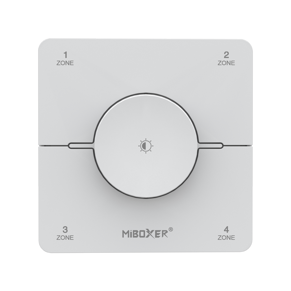 MiBoxer K0S CCT LED Wandfernbedienung in Weiß 2.4GHz Drehregler Frontansicht MiBoxer K0S CCT LED Wandfernbedienung in Weiß mit Drehregler zur Steuerung von LED Streifen über 2.4GHz Funk Frontansicht