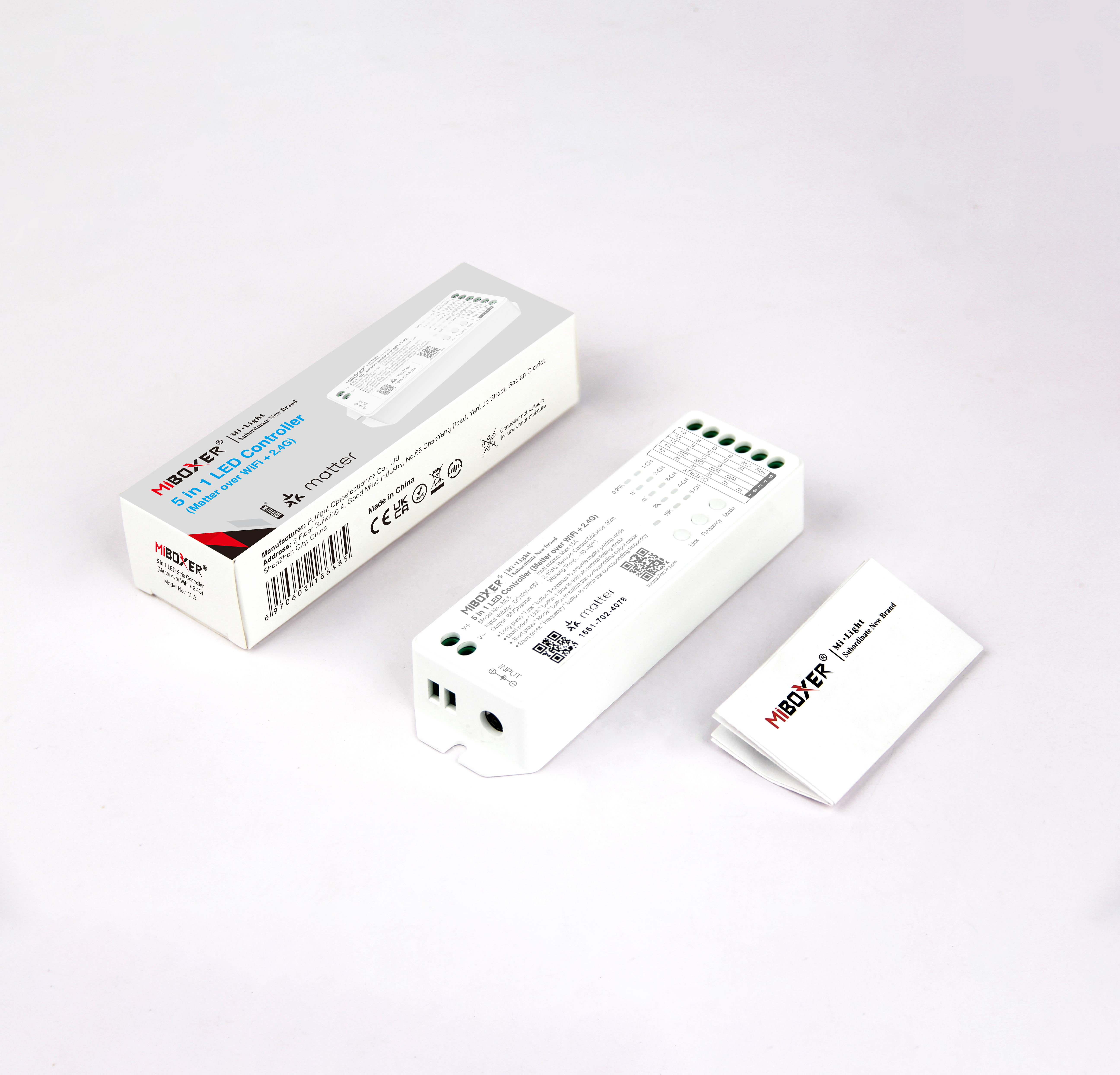 MiBoxer ML5 – Lieferumfang und Set, Matter WiFi 5-in-1 LED Controller | SK-LED MiBoxer ML5 Matter LED Controller Lieferumfang – Controller, Zubehör und Verpackung, Matter over WiFi und 2,4 GHz Funk