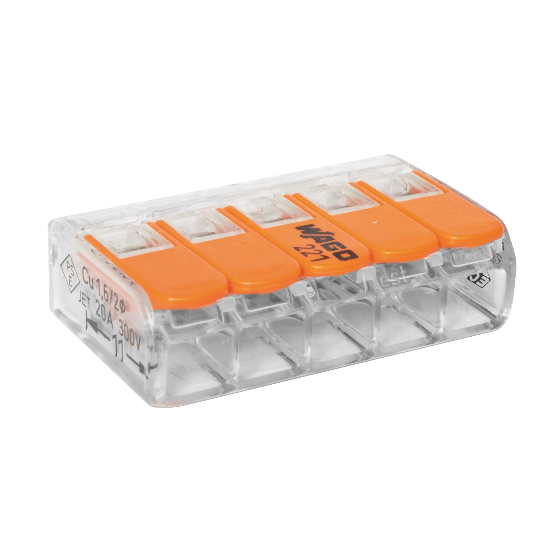 WAGO 221-415 Verbindungsklemme – 5-polig, transparent, 450 V / 32 A WAGO 221-415 COMPACT Verbindungsklemme – 5-polig, transparent, für 0,02–4 mm² Leiter, 450 V / 32 A, ideal für 5-adrige Kabel und RGBW-LED-Installationen