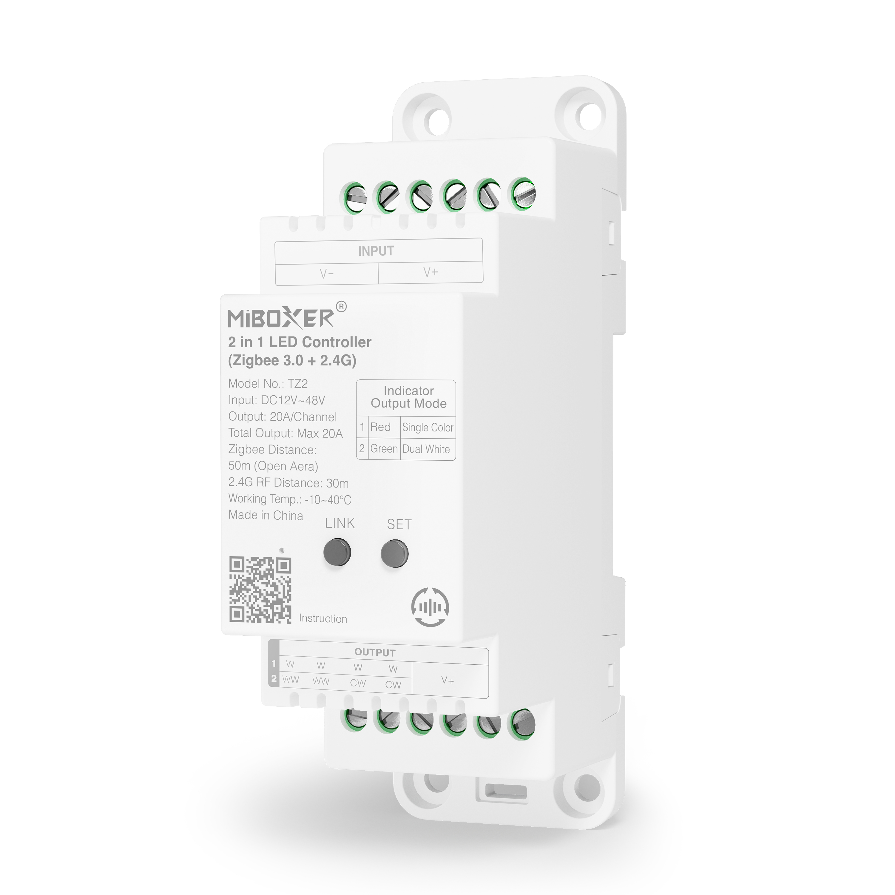 MiBoxer TZ2 2-in-1 LED-Controller für Hutschiene Zigbee 3.0 und 2.4 GHz für einfarbige und CCT LED-Streifen 12–48 V Art. 23002