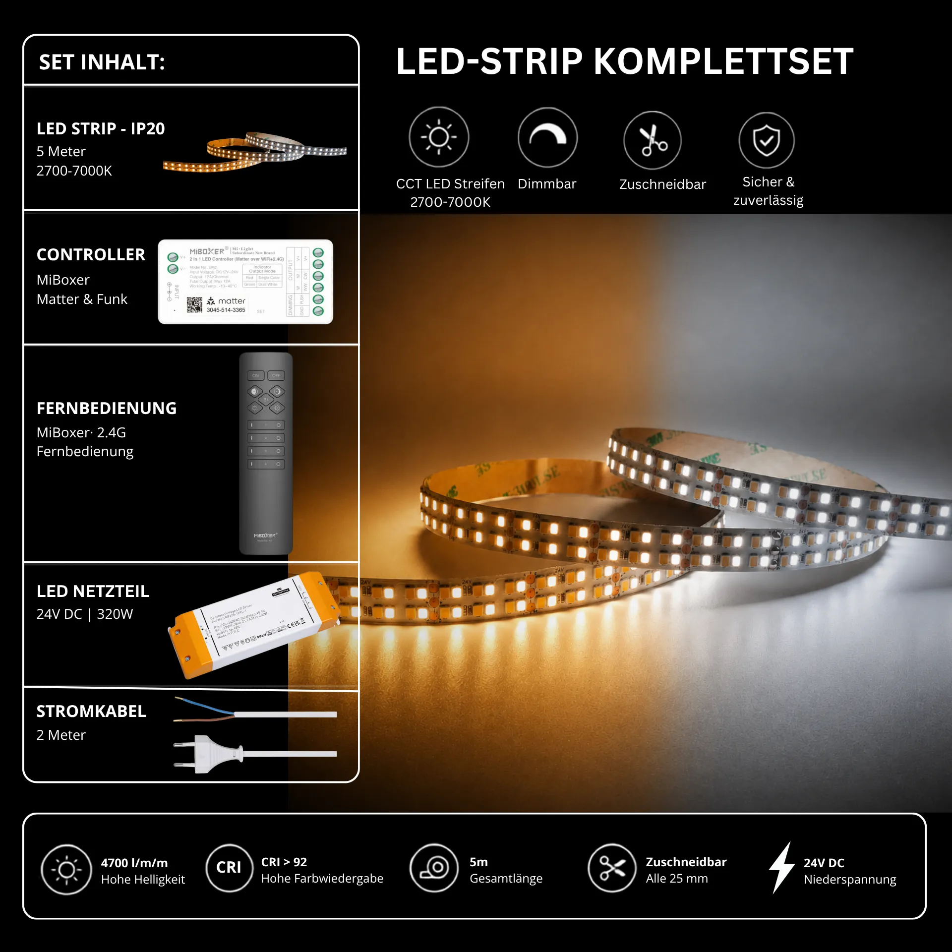 LED Streifen Set CCT High Power – 12 mm CCT LED Streifen 24V, 40 W/m, 4700 lm/m, 5m, 2700K-7000K, CRI 92 – SNP-320 Netzteil, SM2 Matter Controller & C1 Fernbedienung Schwarz