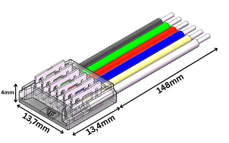 6-poliger LED Strip-zu-Kabel Schnellverbinder für 12 mm SMD RGBCCT LED Streifen, lötfreie Verbindung mit 15 cm Anschlusskabel, 24 V DC, werkzeuglos, kompakt & farbmarkiert – SK-LED