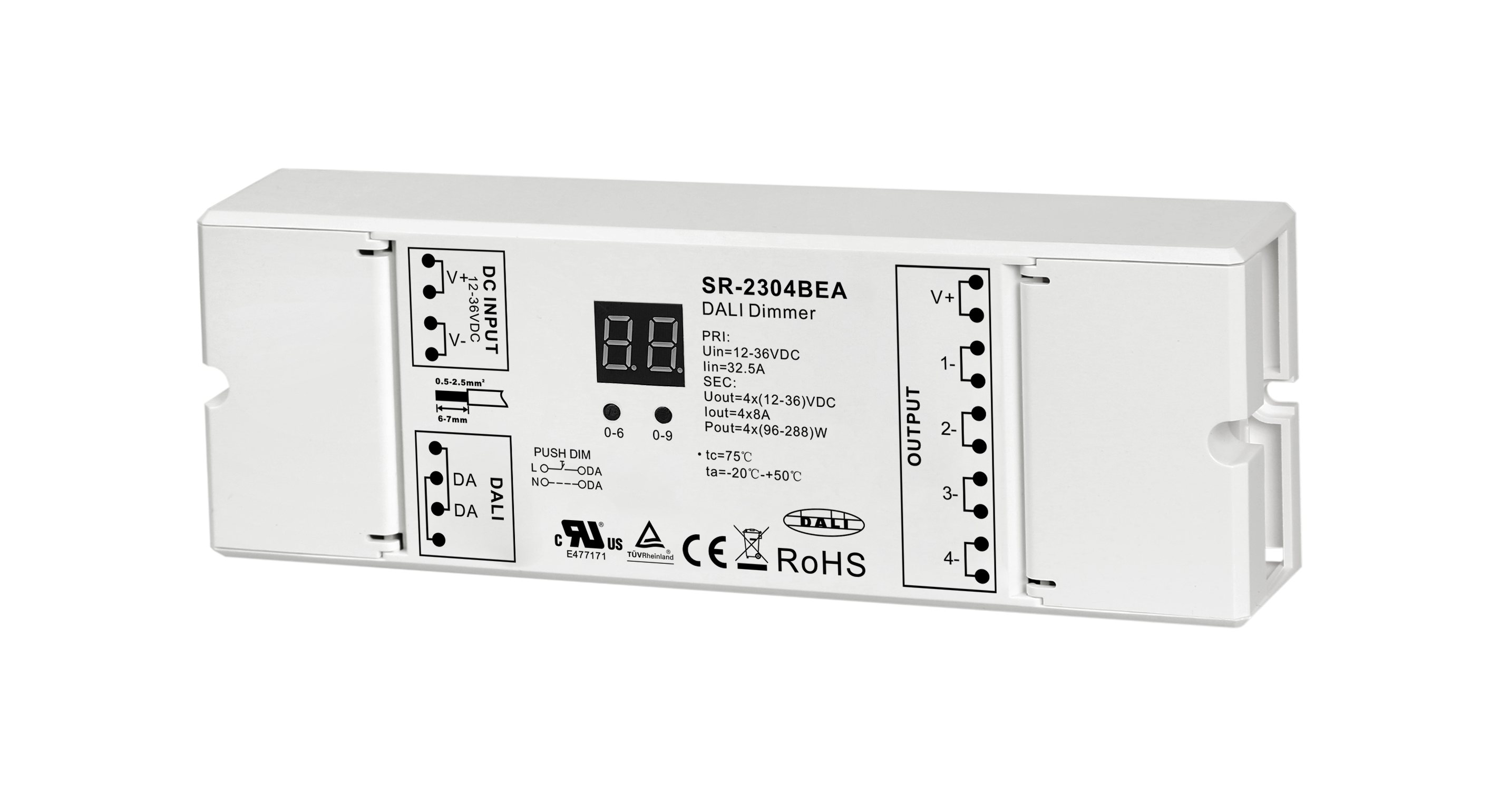 SR-2304BEA 4-Kanal LED-Dimmer (12–36 V, 8 A/Kanal) für Konstantspannung, DALI & Taster-Dimmung