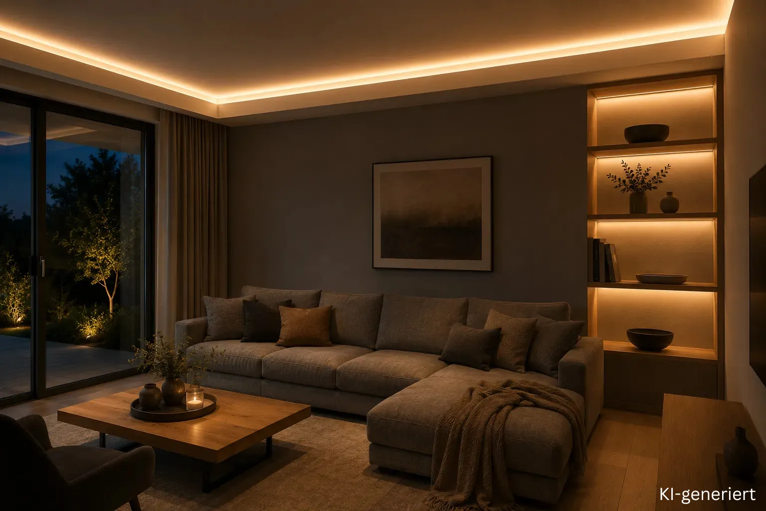 LED Streifen Set als indirekte Beleuchtung mit warmweißen Lichtlinien in Voute, Möbel und Wandnische