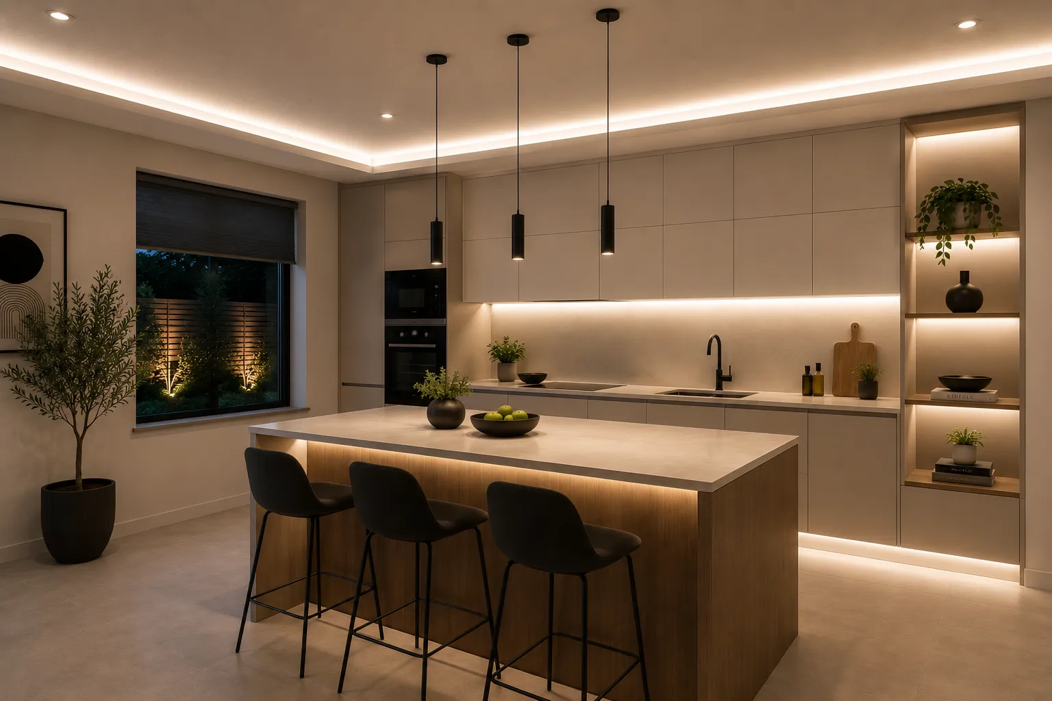 Moderne Küche mit indirekter LED-Beleuchtung in Neutralweiß 4000K Moderne Designküche mit indirekter LED-Beleuchtung durch neutralweiße 4000K LED-Streifen. Gleichmäßige Lichtlinien an Decke, Kücheninsel, Arbeitsplatte und Vitrinenregal sorgen für eine natürliche, helle Ausleuchtung ohne sichtbare LED-Punkte