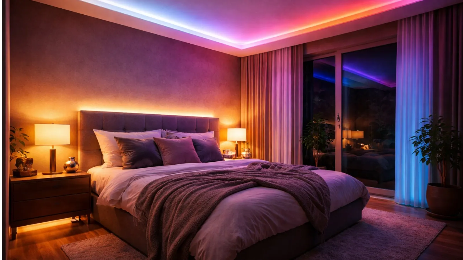 Modernes Schlafzimmer mit RGBW LED Streifen und indirekter Beleuchtung in warmweißen und farbigen Lichtakzenten